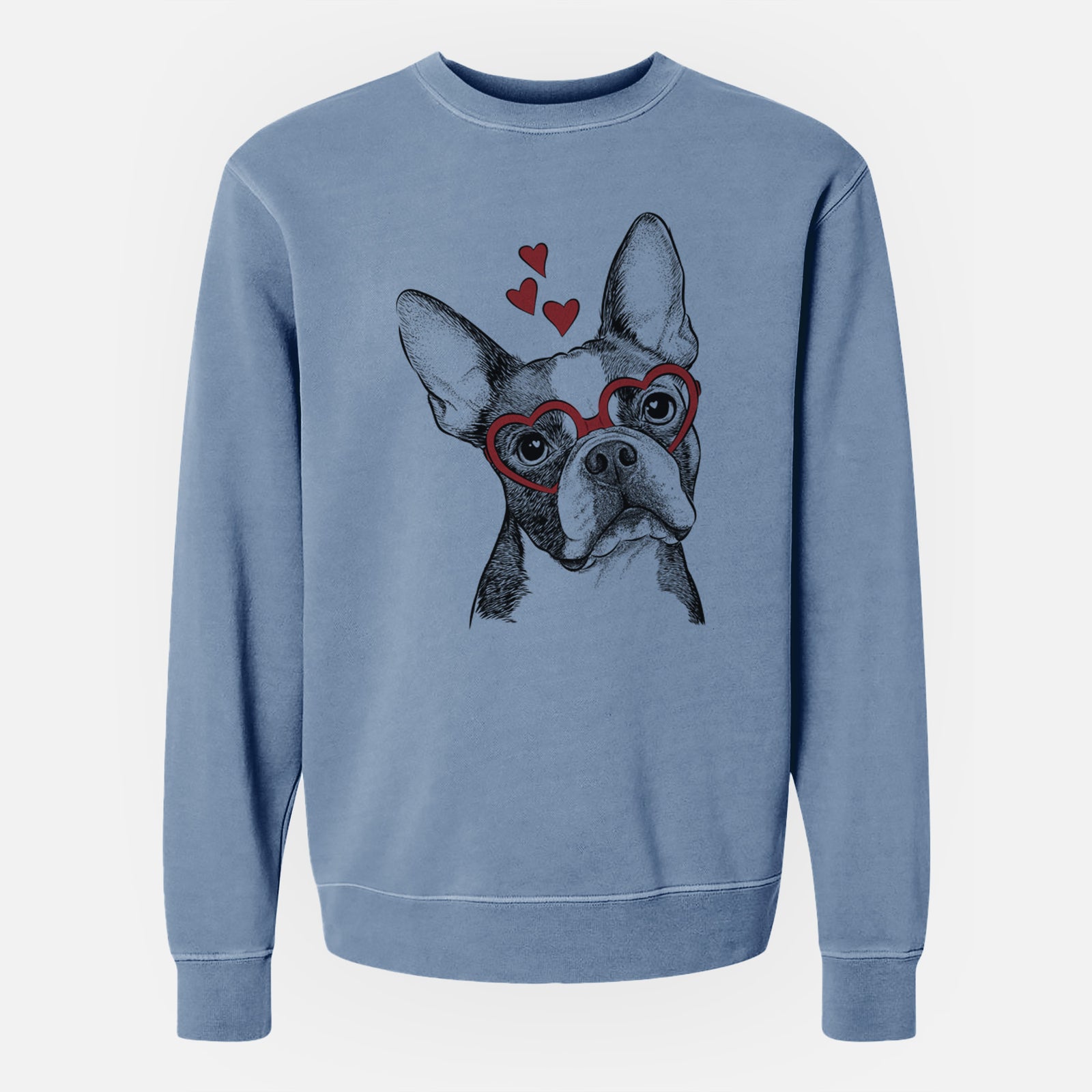 Hand-drawn sketch of Dee Dee the Boston Terrier wearing heart-shaped glasses on a Slate Blue Unisex pigment dyed crew sweatshirt