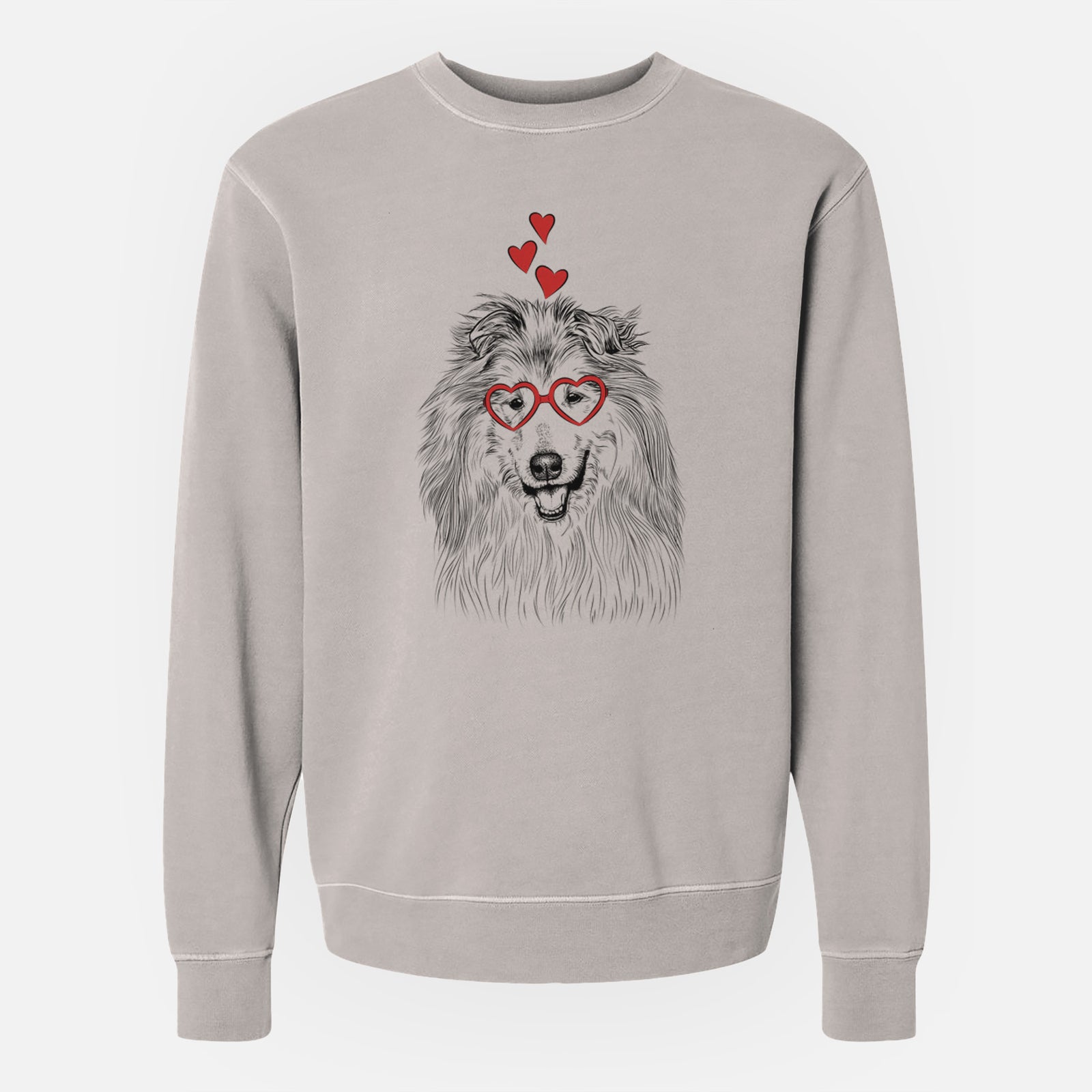 Hand-drawn sketch of Donnan the Rough Collie wearing heart-shaped glasses on a Cement Unisex pigment dyed crew sweatshirt