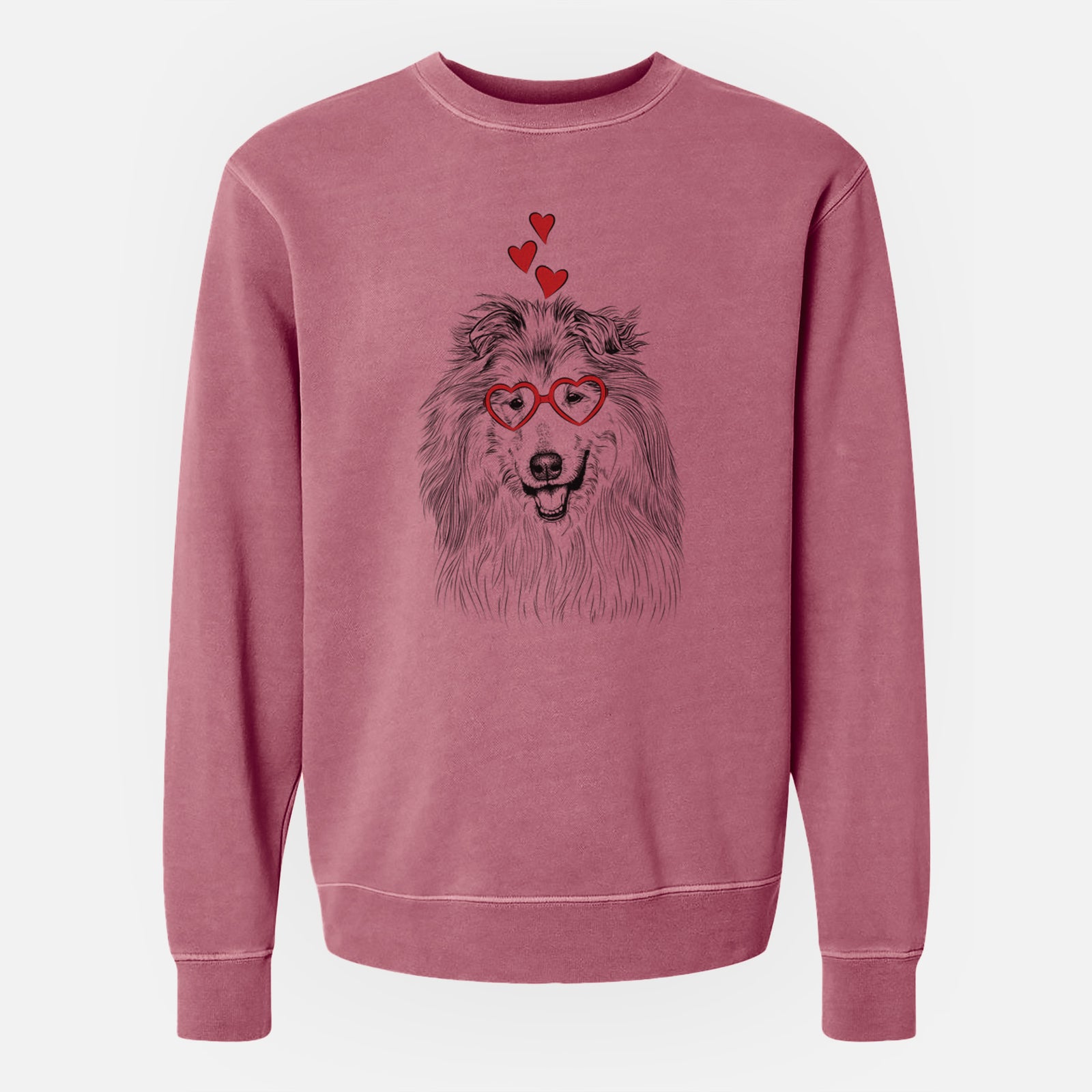 Hand-drawn sketch of Donnan the Rough Collie wearing heart-shaped glasses on a Maroon Unisex pigment dyed crew sweatshirt