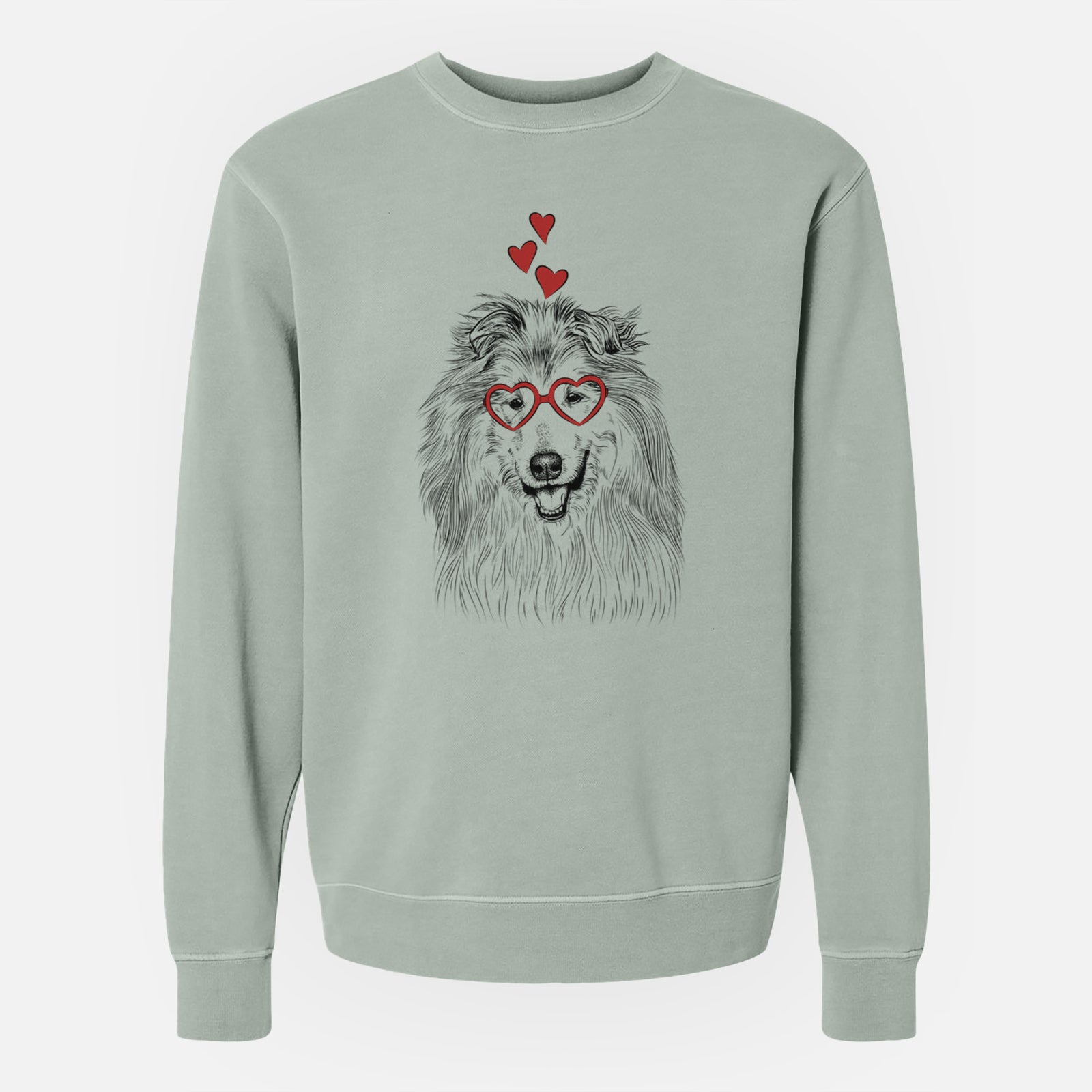 Hand-drawn sketch of Donnan the Rough Collie wearing heart-shaped glasses on a Sage Unisex pigment dyed crew sweatshirt