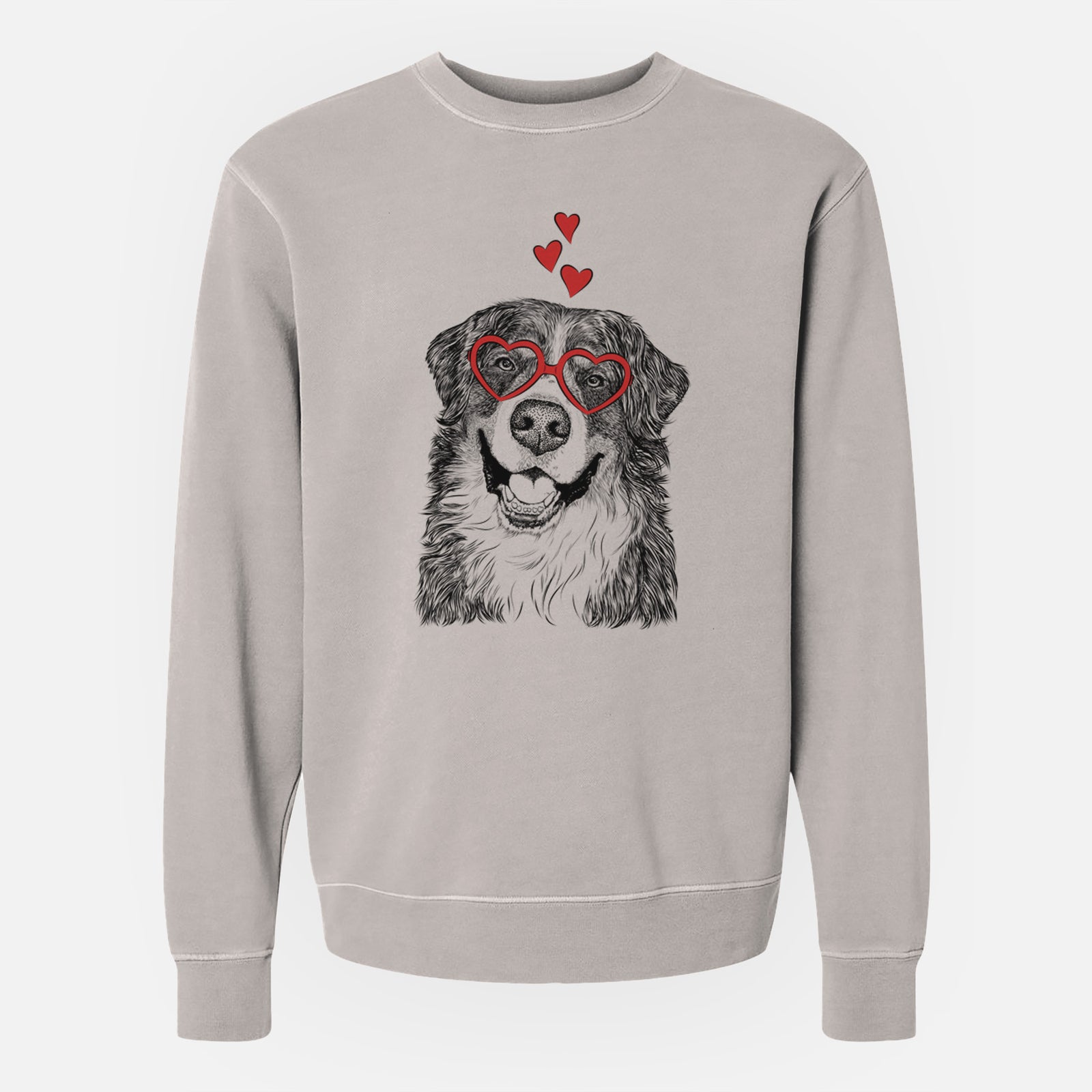 Hand-drawn sketch of Eiger the Bernese Mountain Dog wearing heart-shaped glasses on a Cement Unisex pigment dyed crew sweatshirt