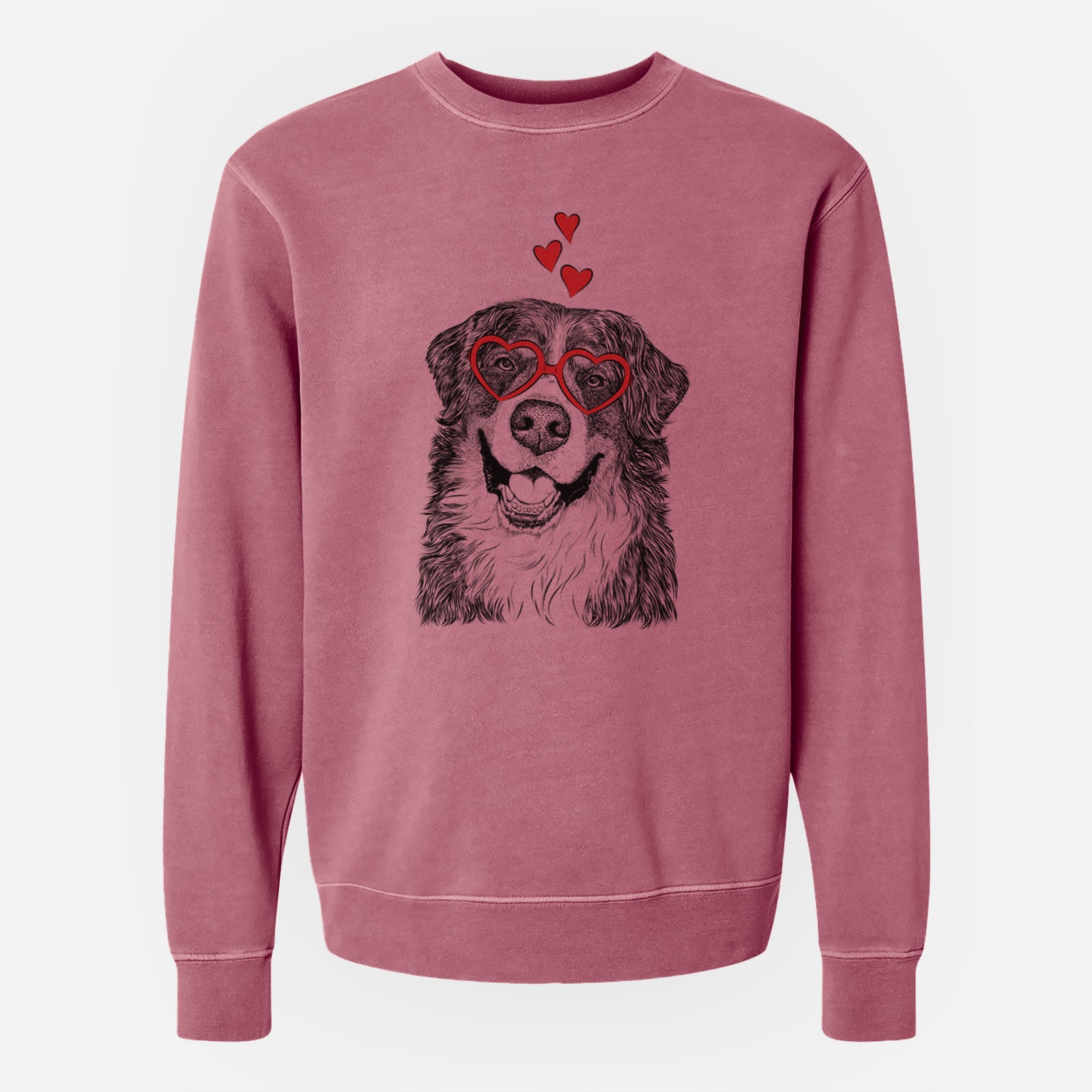 Hand-drawn sketch of Eiger the Bernese Mountain Dog wearing heart-shaped glasses on a Maroon Unisex pigment dyed crew sweatshirt