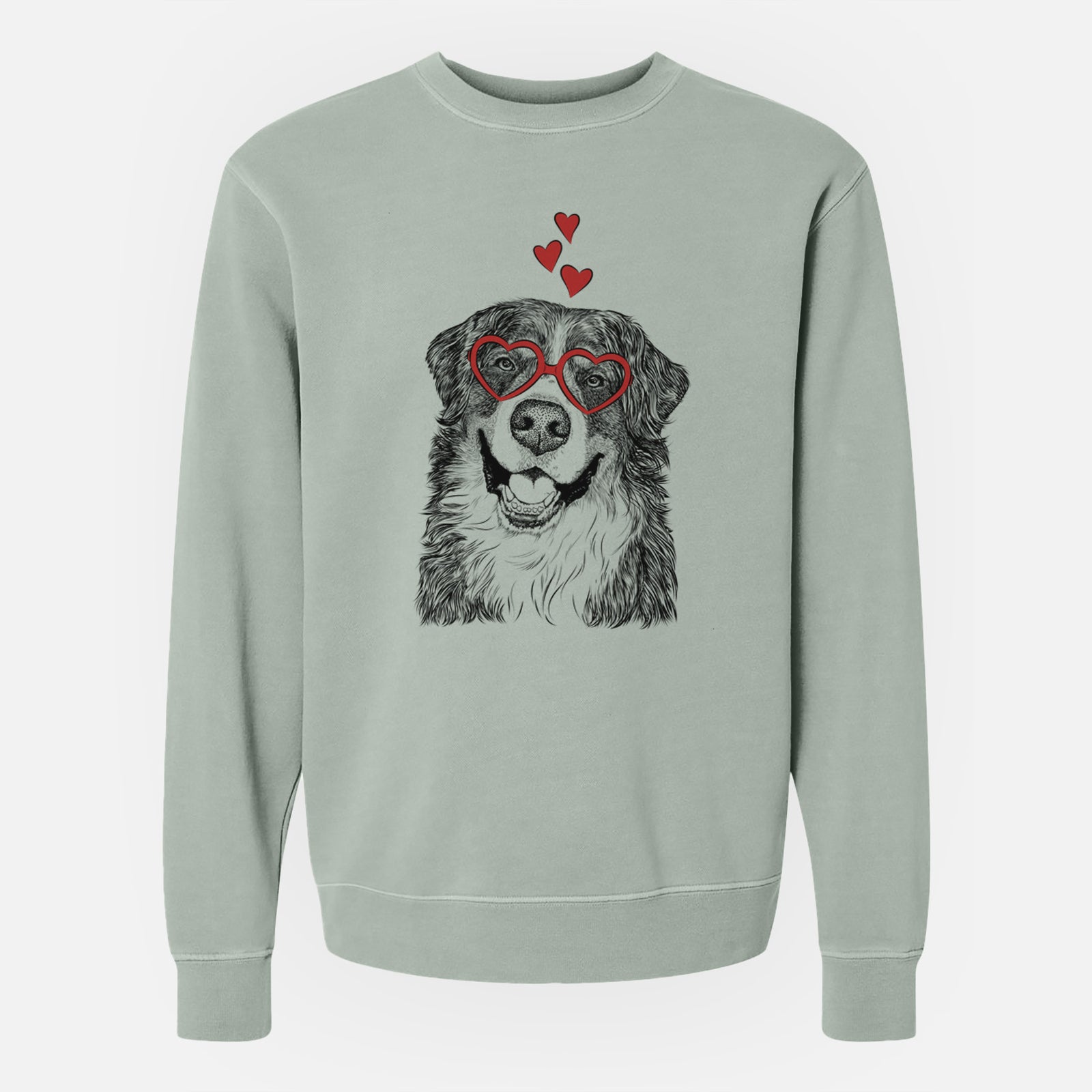 Hand-drawn sketch of Eiger the Bernese Mountain Dog wearing heart-shaped glasses on a Sage Unisex pigment dyed crew sweatshirt