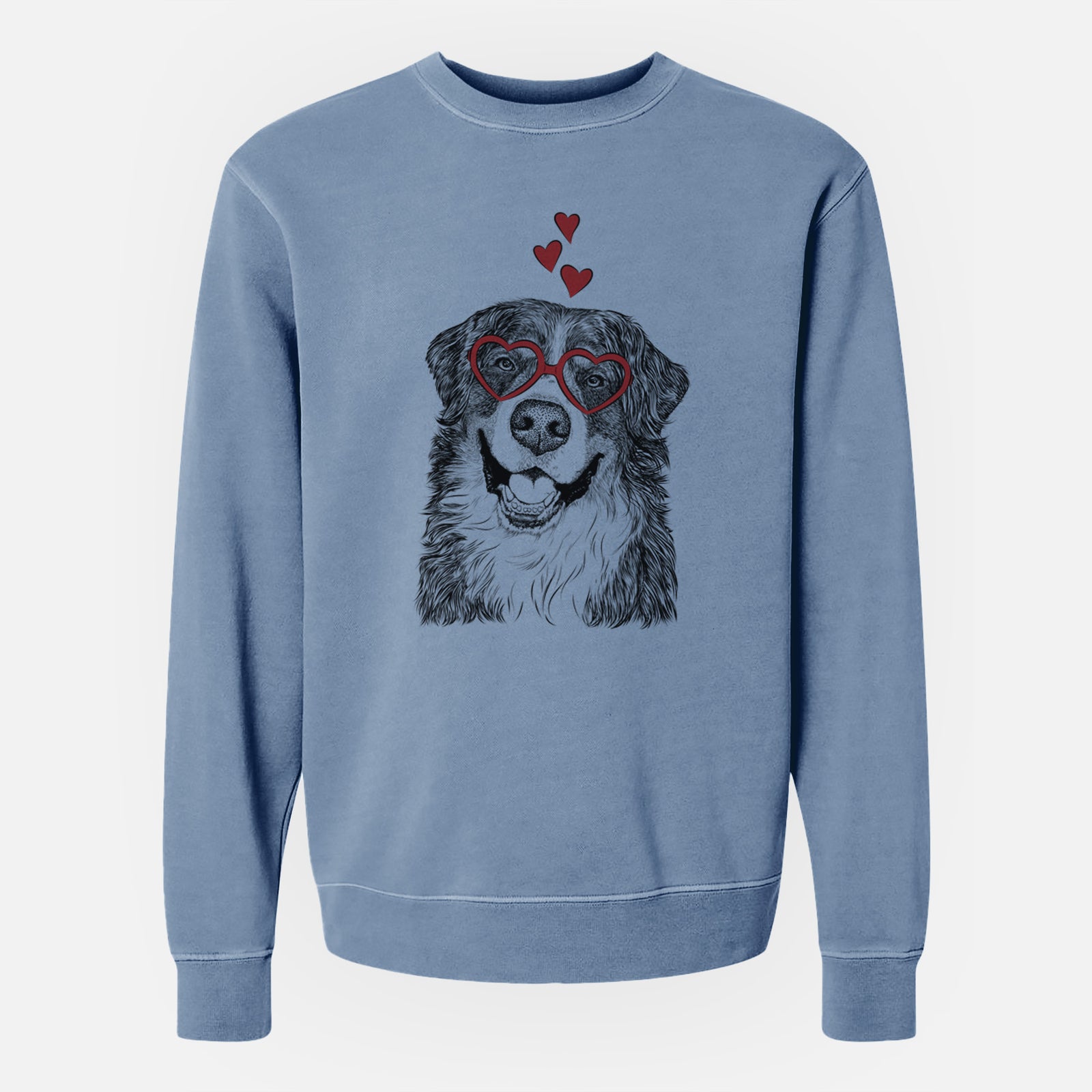 Hand-drawn sketch of Eiger the Bernese Mountain Dog wearing heart-shaped glasses on a Slate Blue Unisex pigment dyed crew sweatshirt