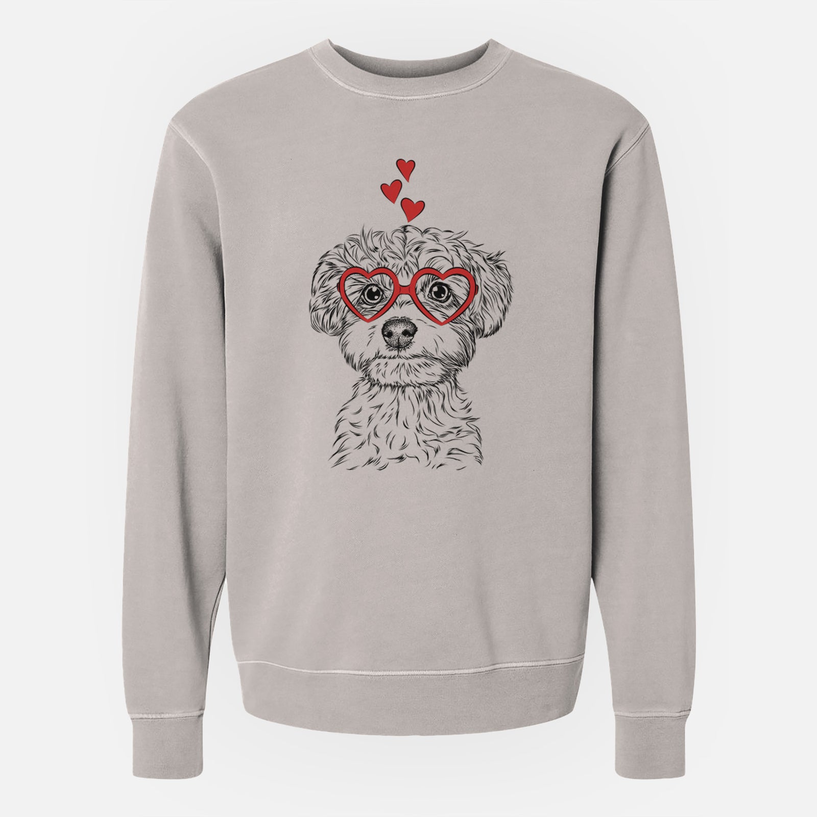 Hand-drawn sketch of Elliott the Yorkiepoo wearing heart-shaped glasses on a Cement Unisex pigment dyed crew sweatshirt
