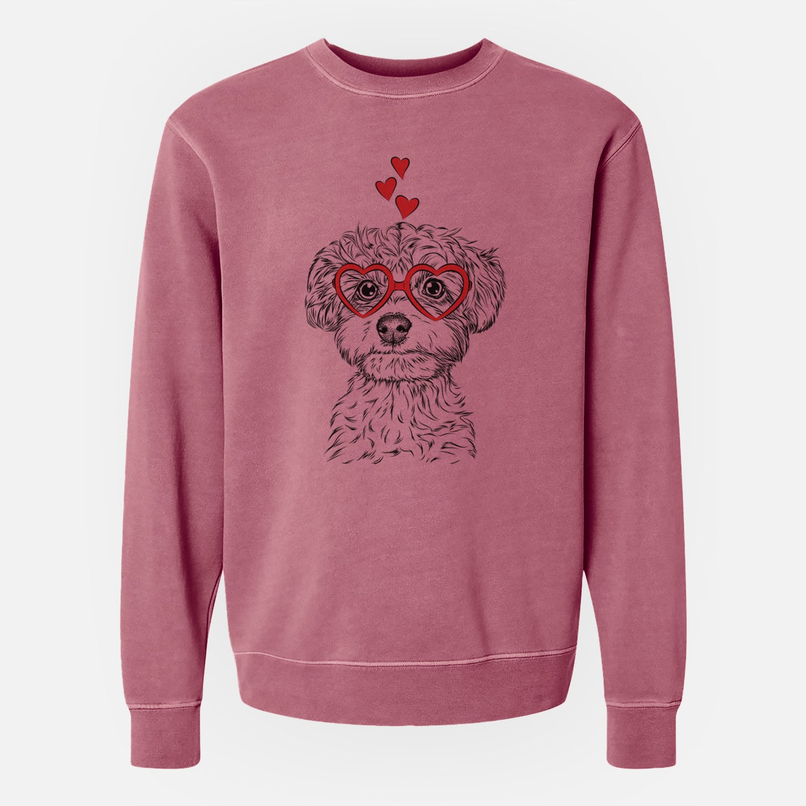 Hand-drawn sketch of Elliott the Yorkiepoo wearing heart-shaped glasses on a Maroon Unisex pigment dyed crew sweatshirt