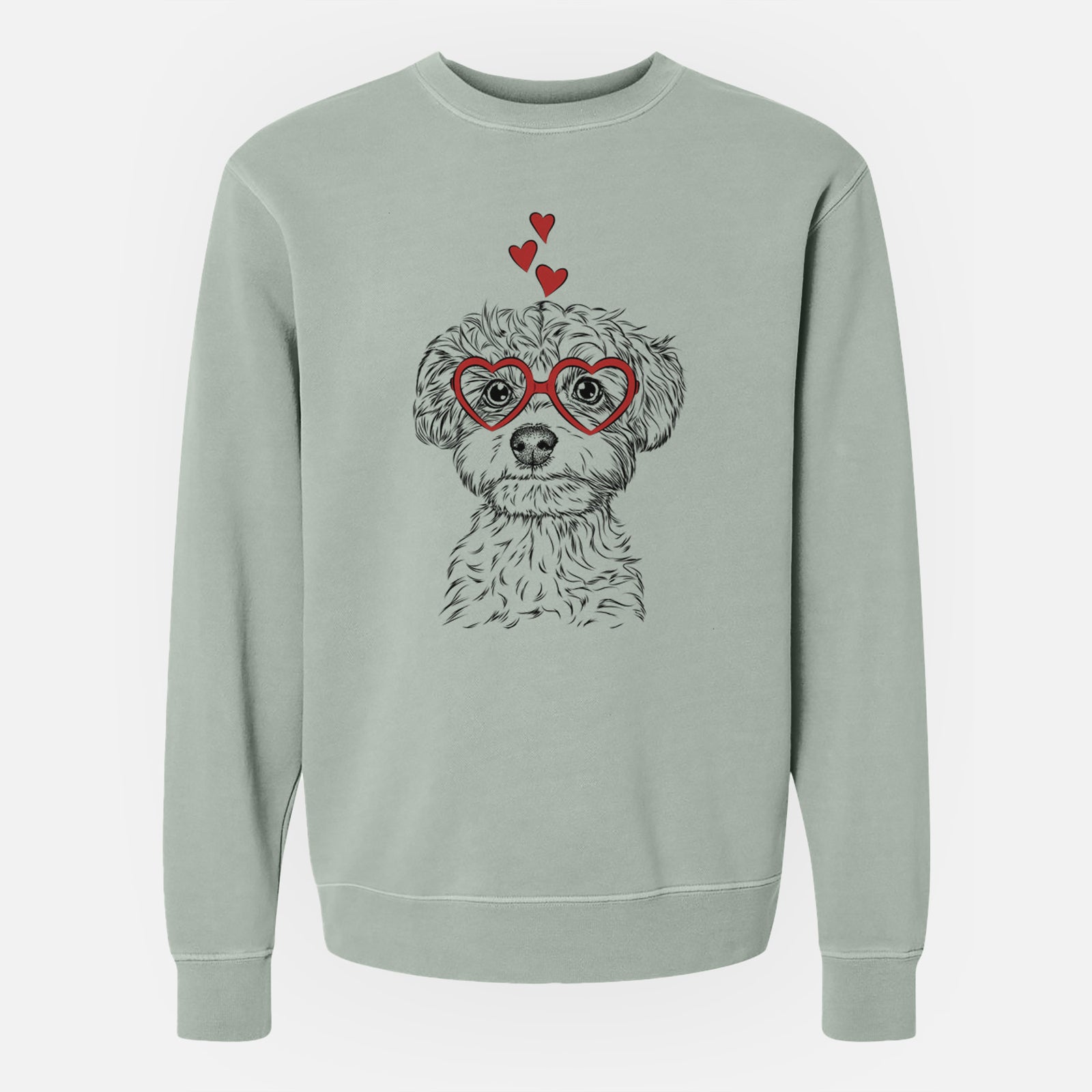 Hand-drawn sketch of Elliott the Yorkiepoo wearing heart-shaped glasses on a Sage Unisex pigment dyed crew sweatshirt