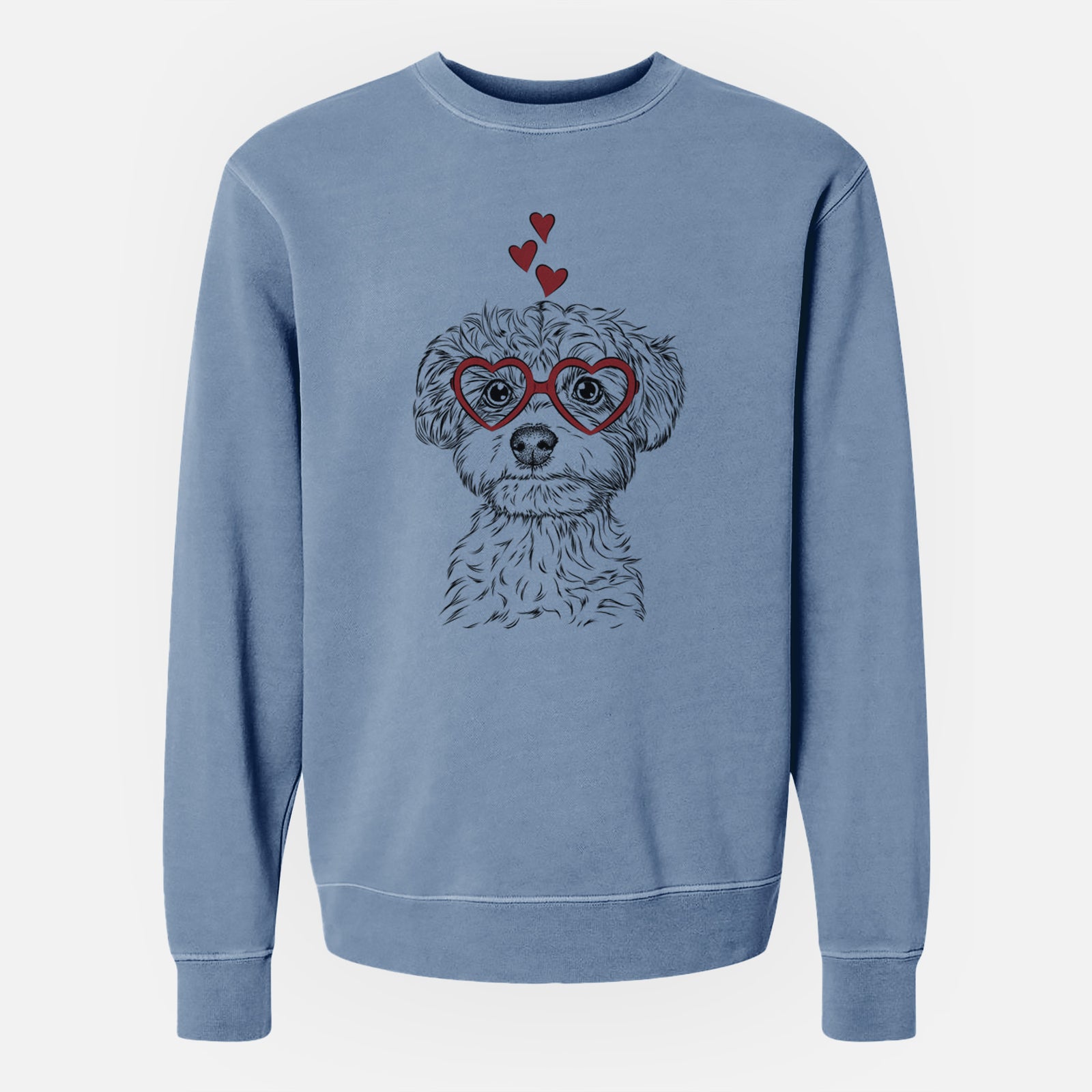 Hand-drawn sketch of Elliott the Yorkiepoo wearing heart-shaped glasses on a Slate Blue Unisex pigment dyed crew sweatshirt