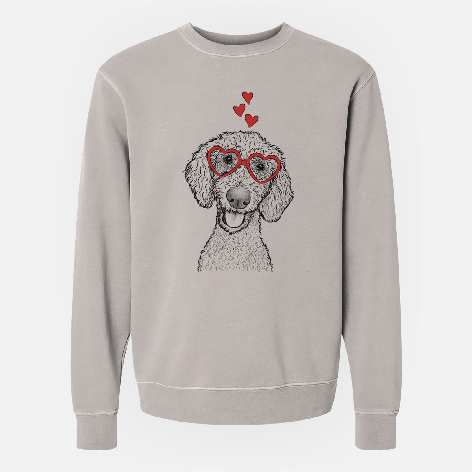 Hand-drawn sketch of Fenway the Goldendoodle wearing heart-shaped glasses on a Cement Unisex pigment dyed crew sweatshirt
