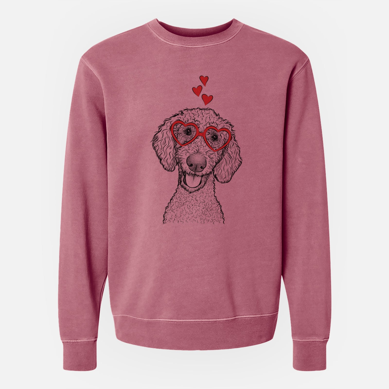 Hand-drawn sketch of Fenway the Goldendoodle wearing heart-shaped glasses on a Maroon Unisex pigment dyed crew sweatshirt