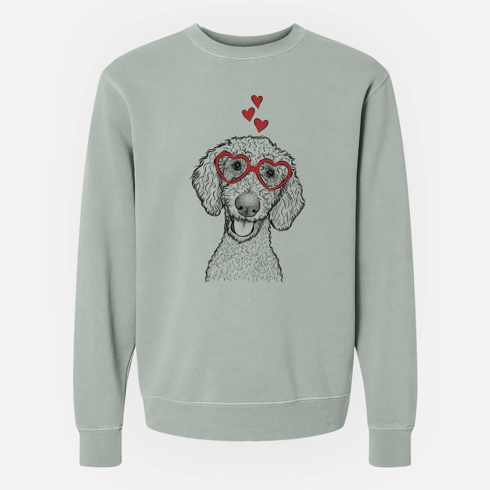 Hand-drawn sketch of Fenway the Goldendoodle wearing heart-shaped glasses on a Sage Unisex pigment dyed crew sweatshirt