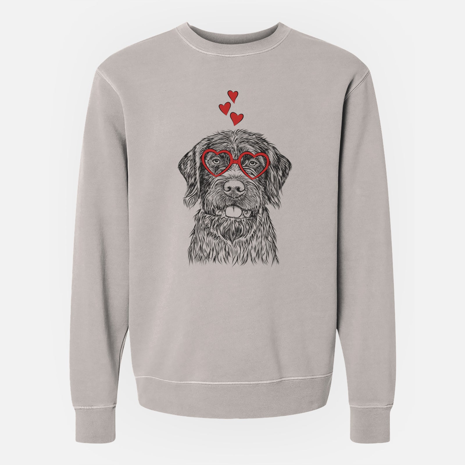 Hand-drawn sketch of Fletcher the Wirehaired Pointing Griffon wearing heart-shaped glasses on a Cement Unisex pigment dyed crew sweatshirt