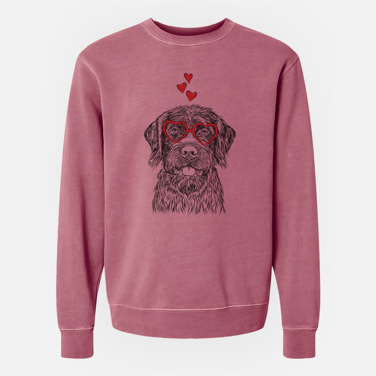 Hand-drawn sketch of Fletcher the Wirehaired Pointing Griffon wearing heart-shaped glasses on a Maroon Unisex pigment dyed crew sweatshirt