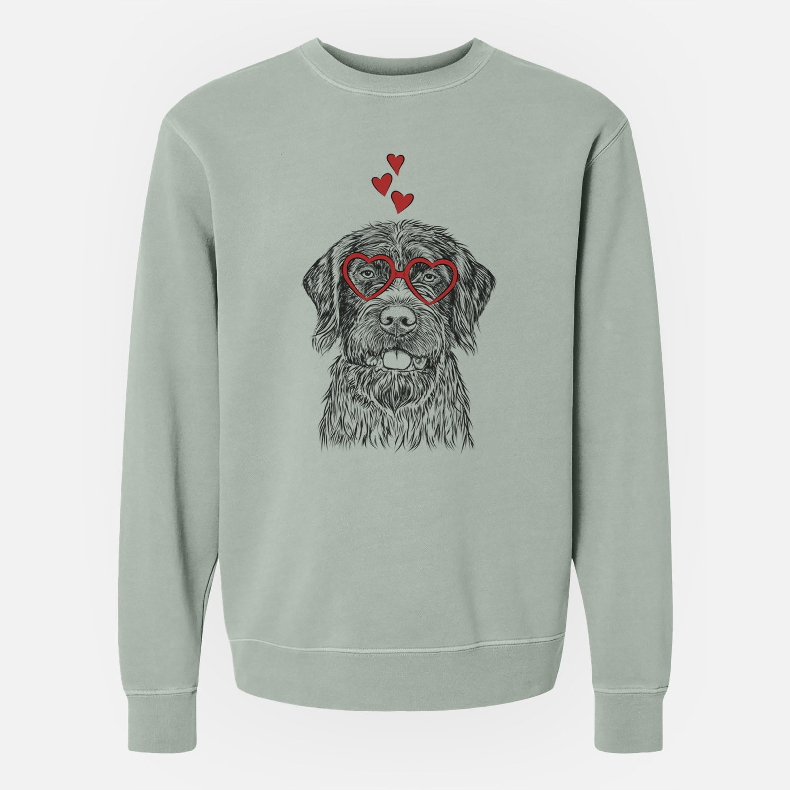 Hand-drawn sketch of Fletcher the Wirehaired Pointing Griffon wearing heart-shaped glasses on a Sage Unisex pigment dyed crew sweatshirt