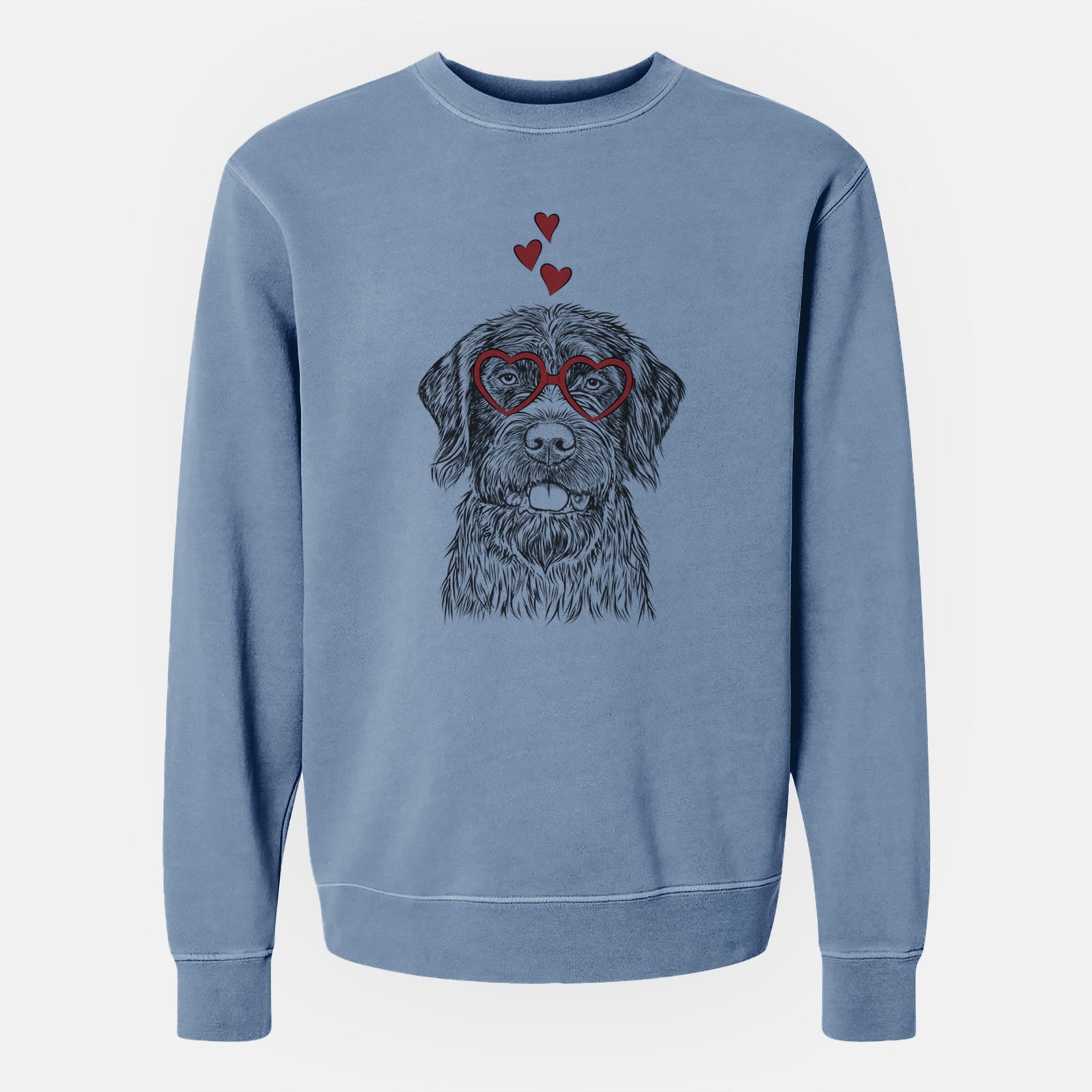 Hand-drawn sketch of Fletcher the Wirehaired Pointing Griffon wearing heart-shaped glasses on a Slate Blue Unisex pigment dyed crew sweatshirt