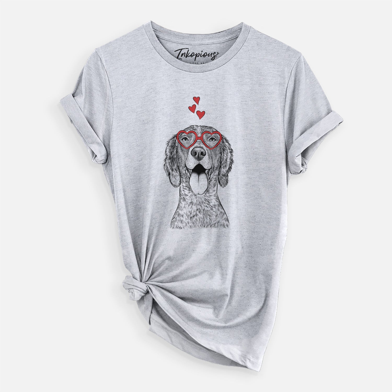 Hand-drawn sketch of Freddy the English Setter wearing heart-shaped glasses on a Grey Unisex crewneck, worn by a woman