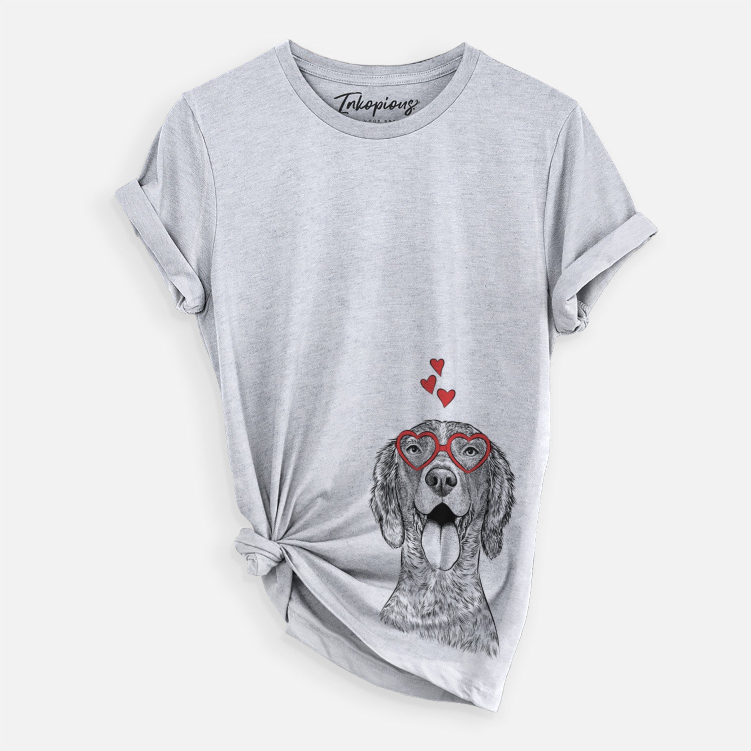 Hand-drawn sketch of Freddy the English Setter wearing heart-shaped glasses on a Grey Unisex crewneck, worn by a woman