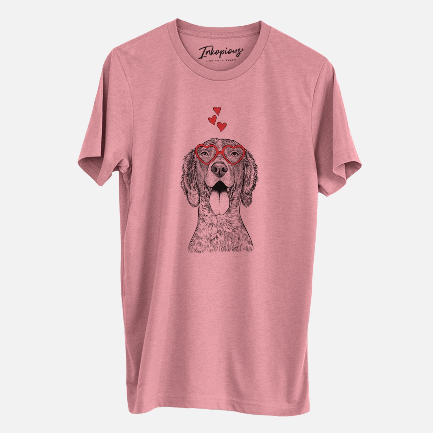 Hand-drawn sketch of Freddy the English Setter wearing heart-shaped glasses on a Mauve Unisex crewneck, worn by a man