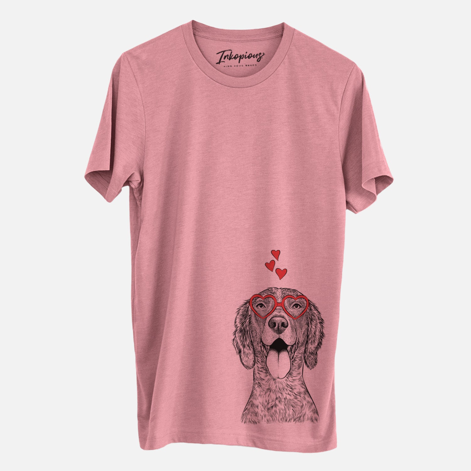 Hand-drawn sketch of Freddy the English Setter wearing heart-shaped glasses on a Mauve Unisex crewneck, worn by a man