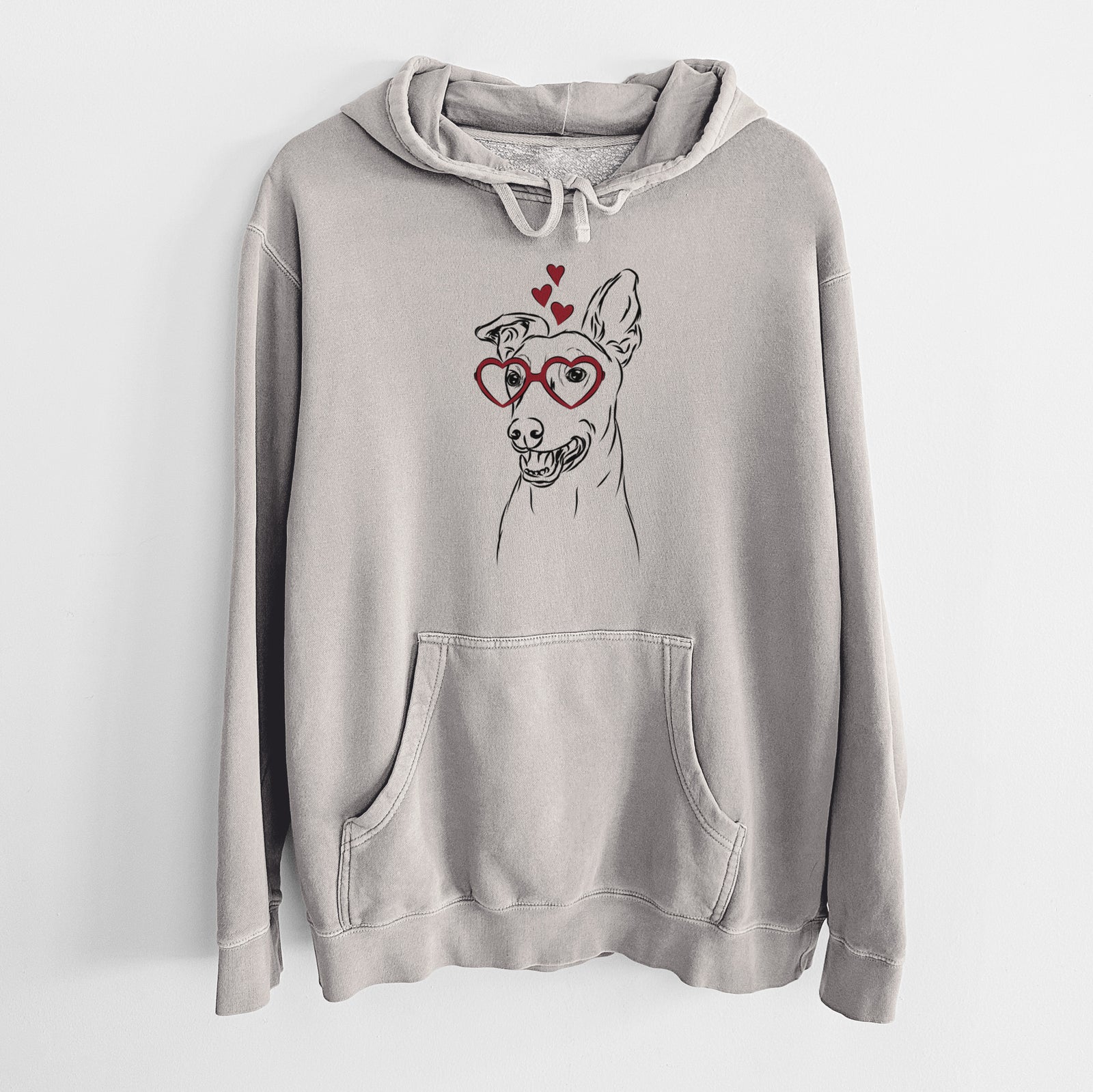 Hand-drawn sketch of Frosty the Greyhound the Greyhound wearing heart-shaped glasses on a Cement Unisex pigment dyed hoodie