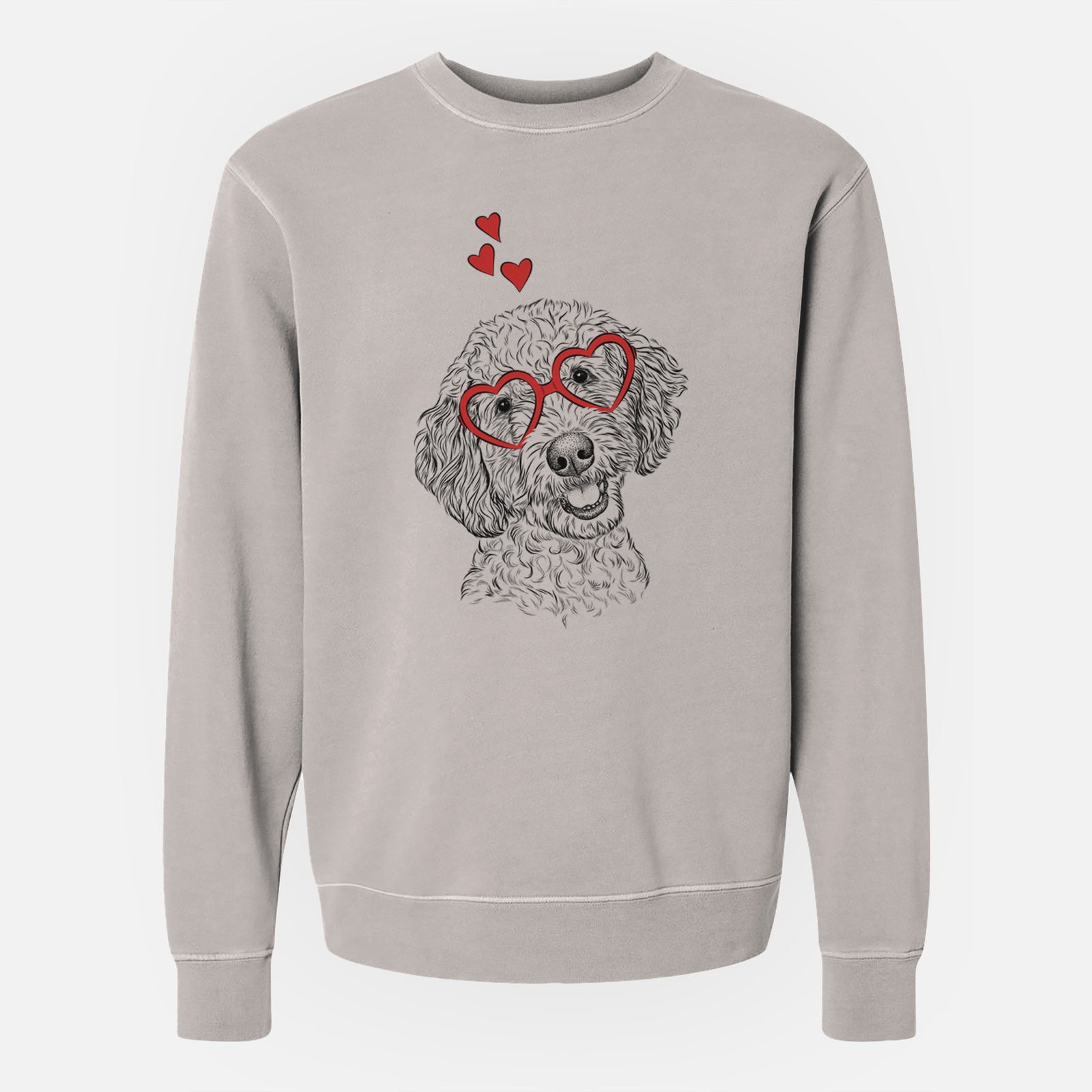 Hand-drawn sketch of Gizmo the Goldendoodle wearing heart-shaped glasses on a Cement Unisex pigment dyed crew sweatshirt
