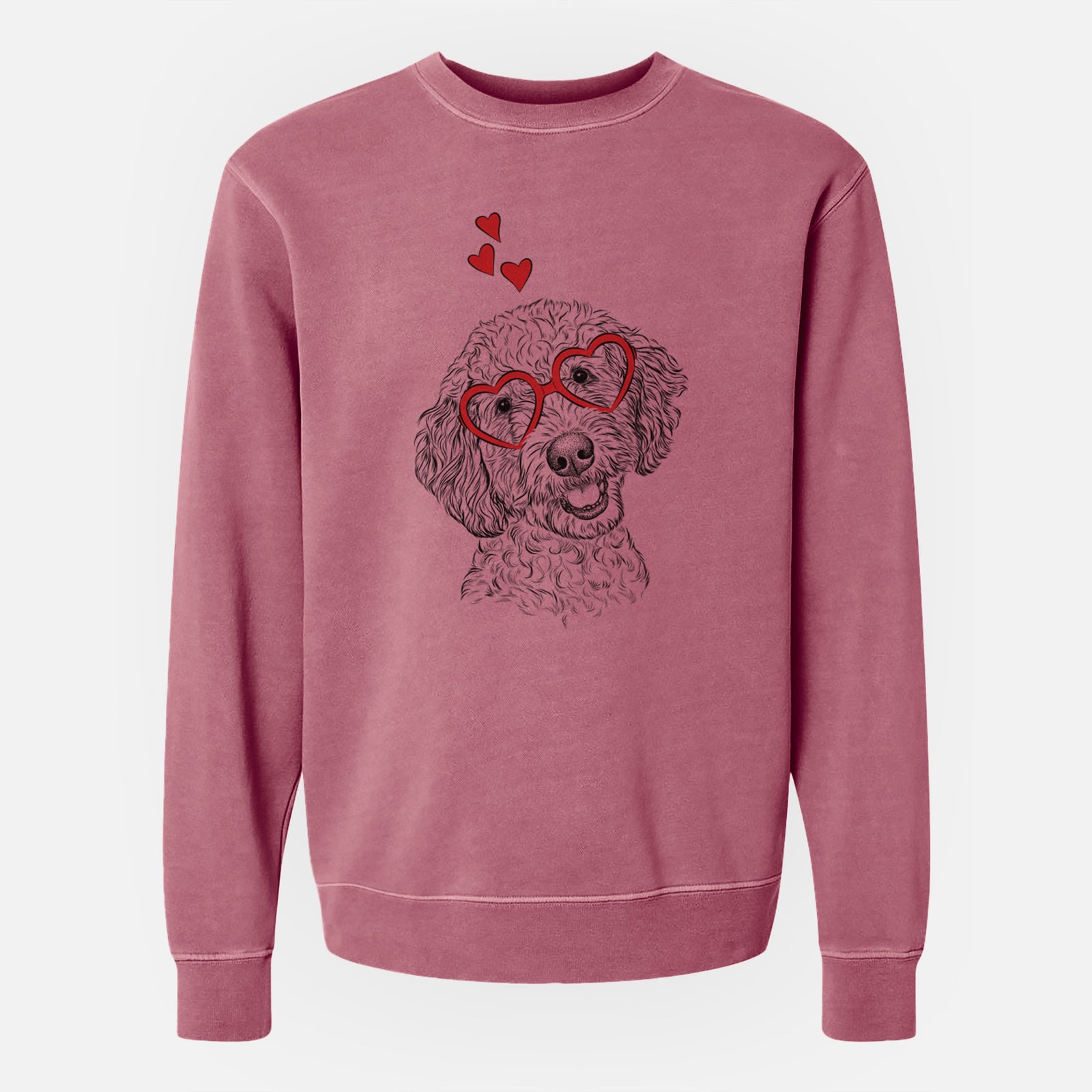 Hand-drawn sketch of Gizmo the Goldendoodle wearing heart-shaped glasses on a Maroon Unisex pigment dyed crew sweatshirt
