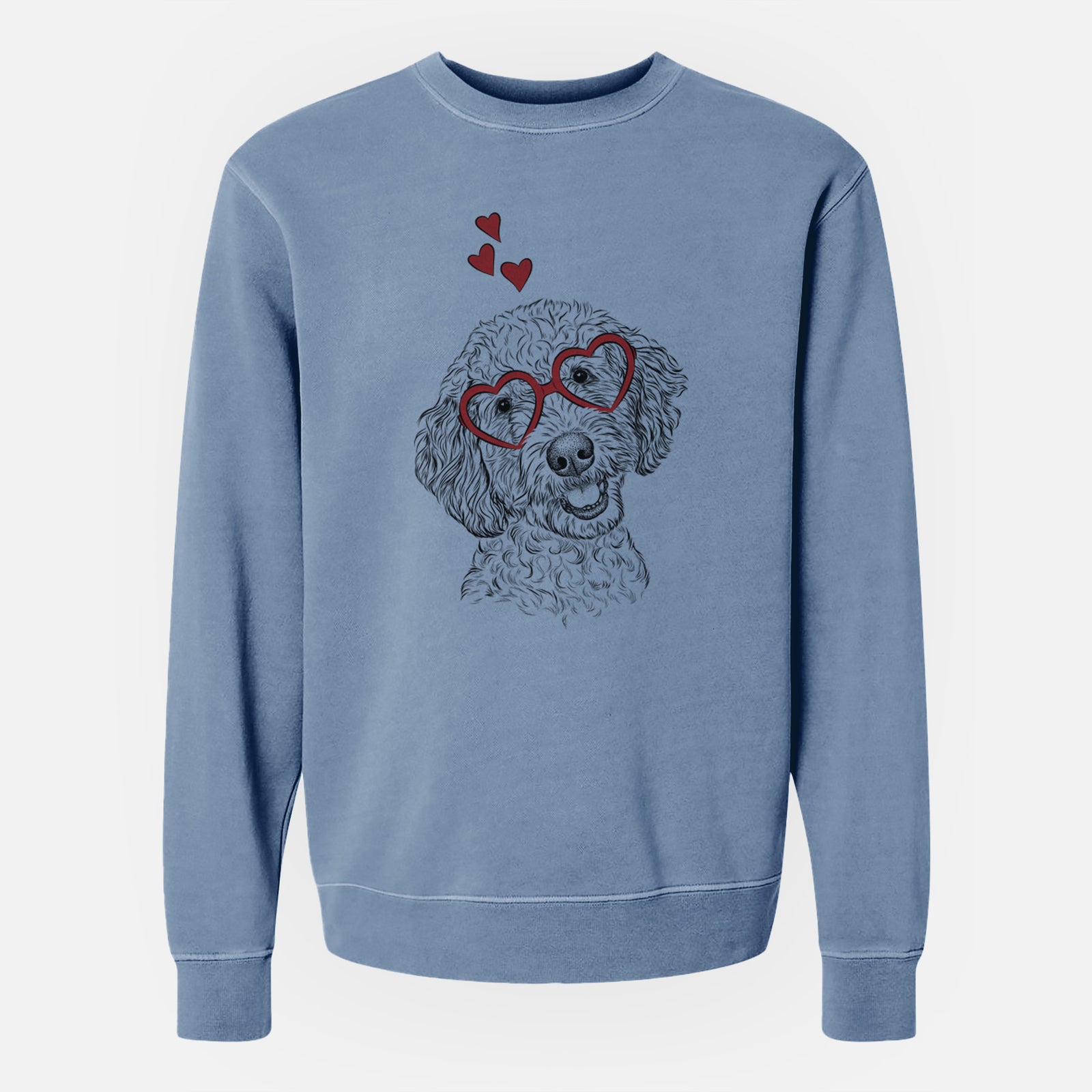 Hand-drawn sketch of Gizmo the Goldendoodle wearing heart-shaped glasses on a Slate Blue Unisex pigment dyed crew sweatshirt