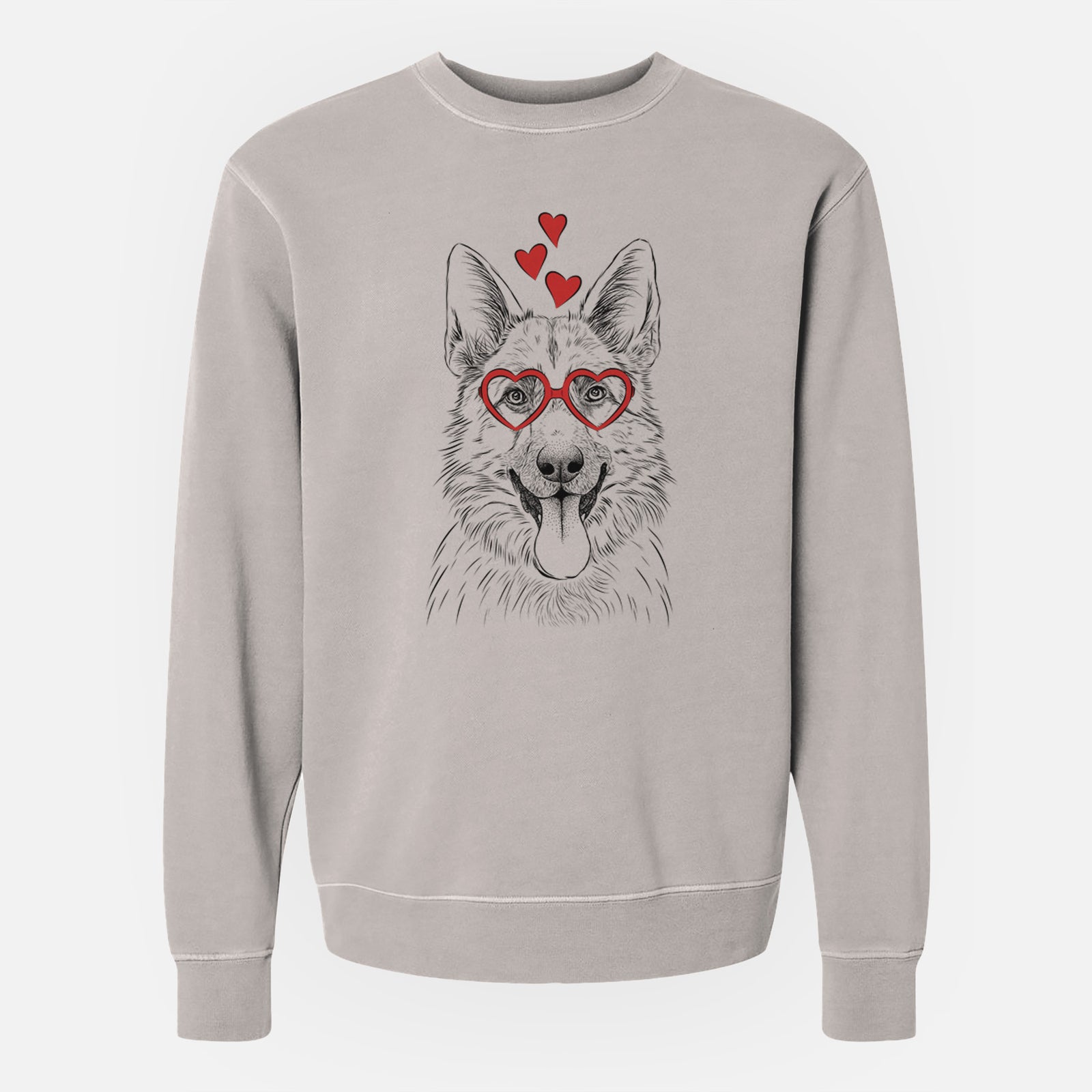 Hand-drawn sketch of Grace the German Shepherd wearing heart-shaped glasses on a Cement Unisex pigment dyed crew sweatshirt