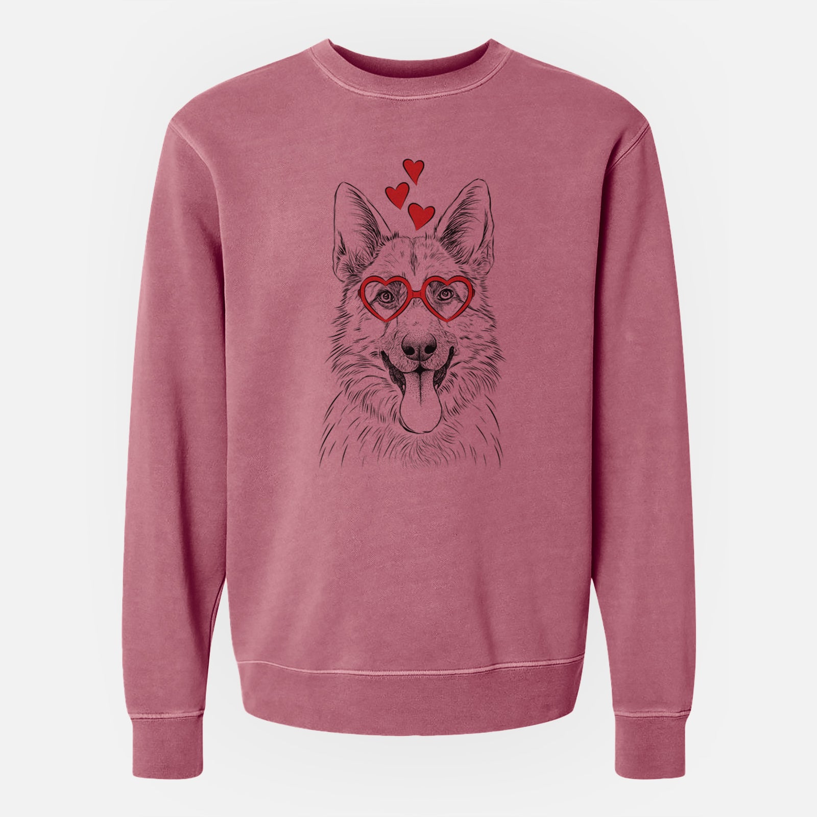 Hand-drawn sketch of Grace the German Shepherd wearing heart-shaped glasses on a Maroon Unisex pigment dyed crew sweatshirt