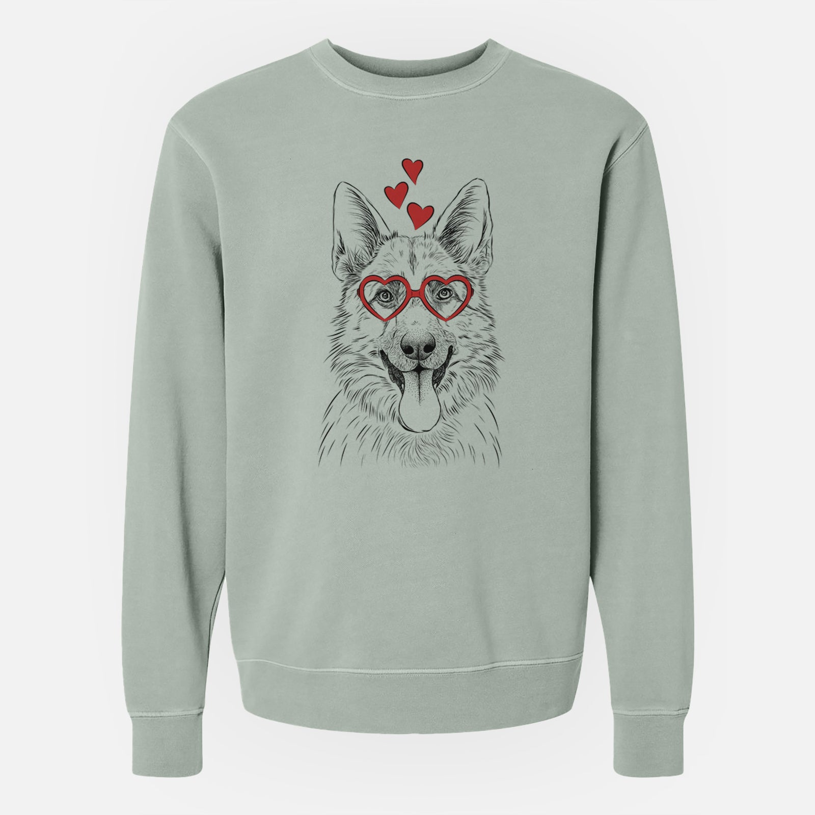 Hand-drawn sketch of Grace the German Shepherd wearing heart-shaped glasses on a Sage Unisex pigment dyed crew sweatshirt