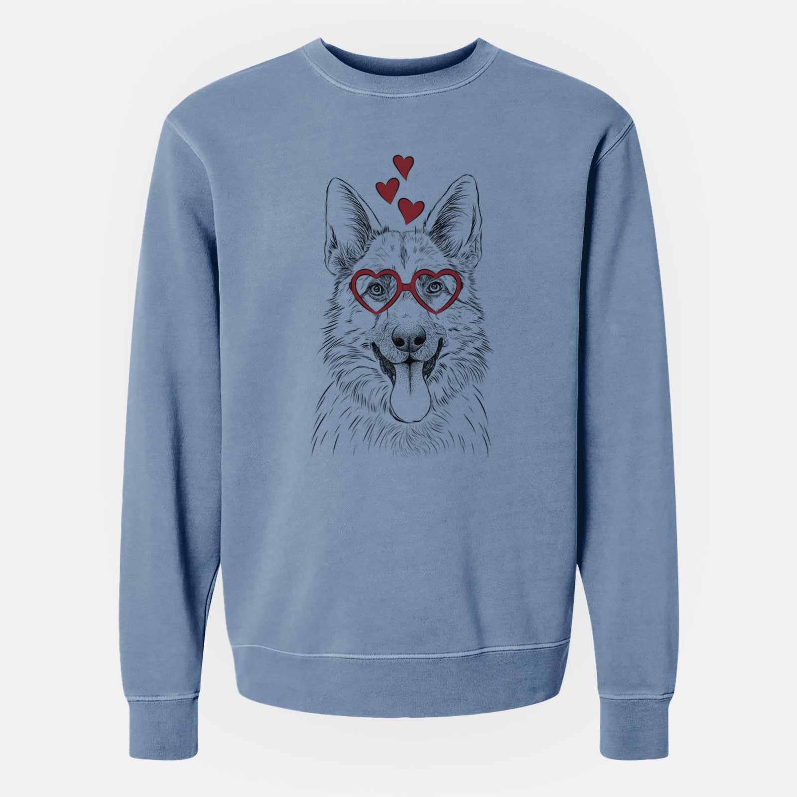 Hand-drawn sketch of Grace the German Shepherd wearing heart-shaped glasses on a Slate Blue Unisex pigment dyed crew sweatshirt