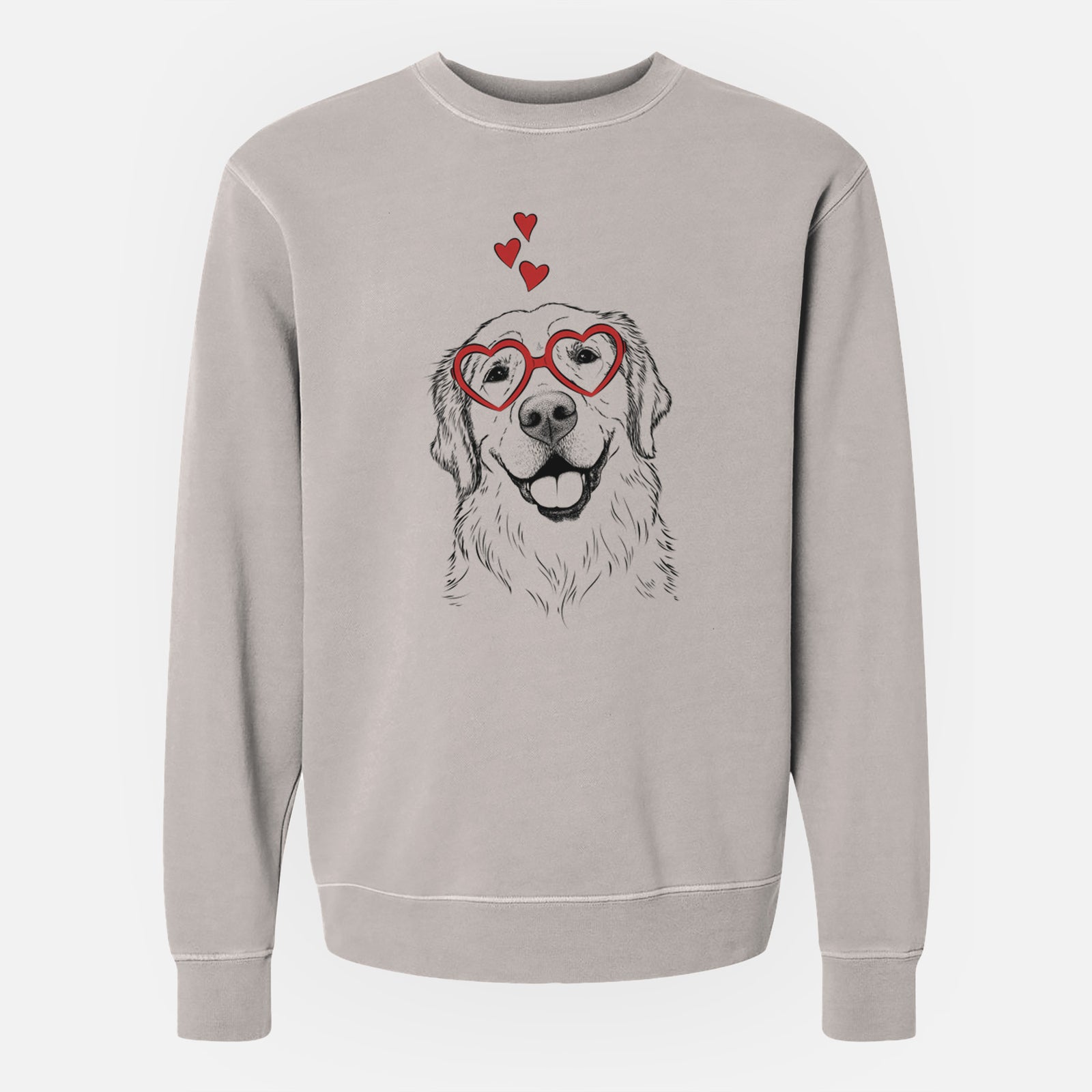 Hand-drawn sketch of Griffin the Golden Retriever wearing heart-shaped glasses on a Cement Unisex pigment dyed crew sweatshirt