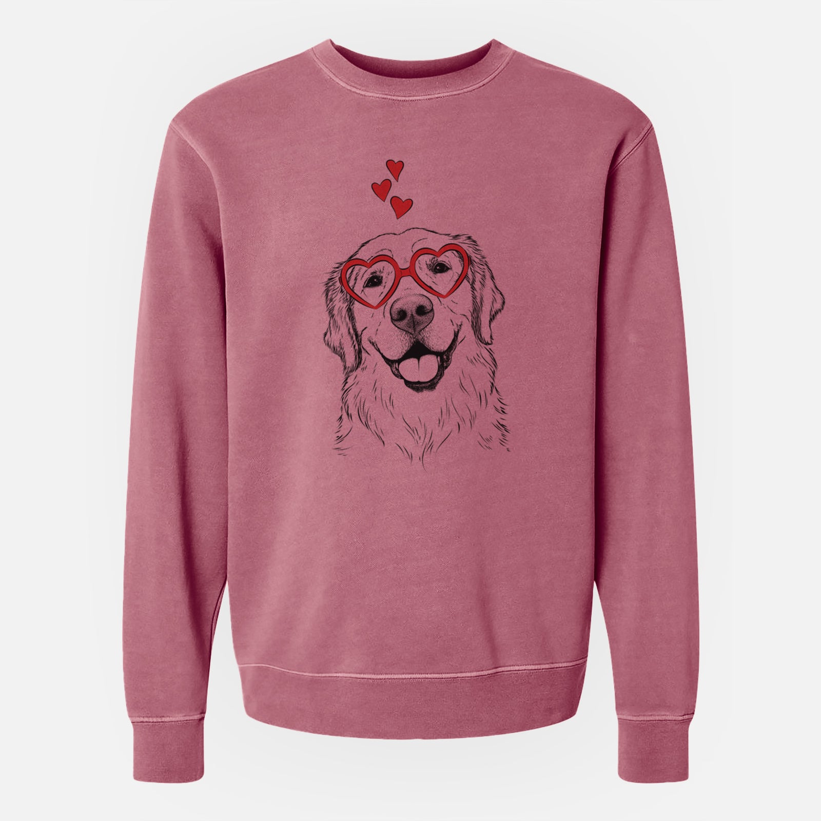 Hand-drawn sketch of Griffin the Golden Retriever wearing heart-shaped glasses on a Maroon Unisex pigment dyed crew sweatshirt