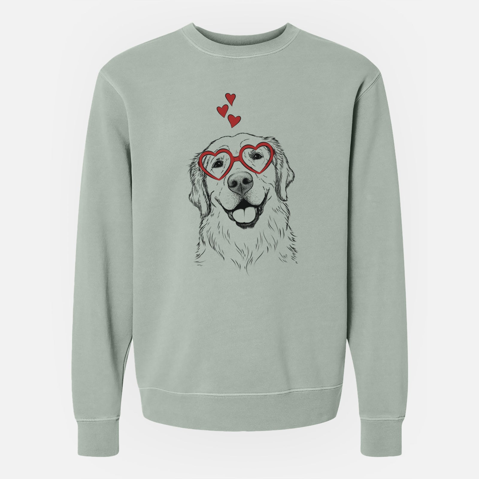 Hand-drawn sketch of Griffin the Golden Retriever wearing heart-shaped glasses on a Sage Unisex pigment dyed crew sweatshirt