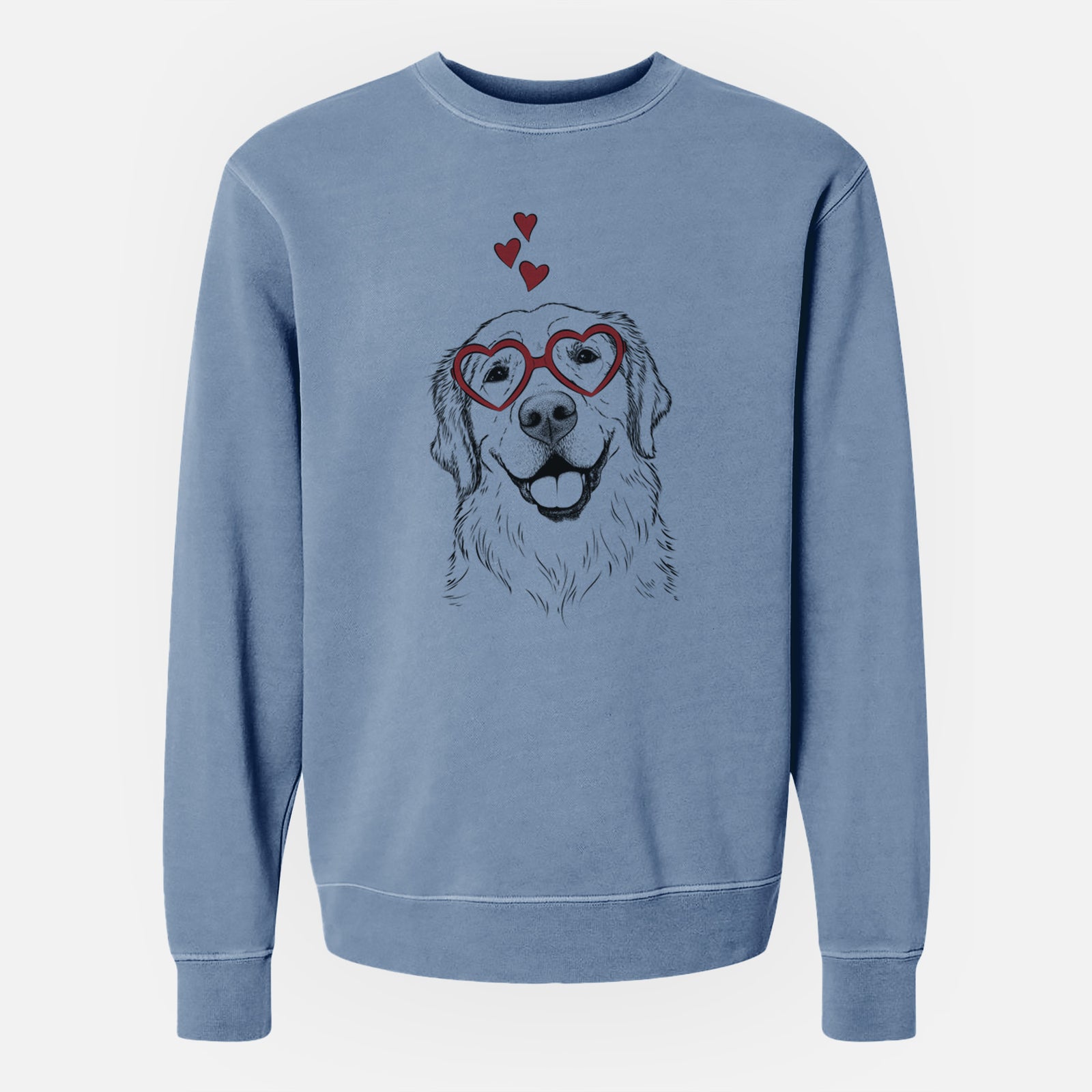 Hand-drawn sketch of Griffin the Golden Retriever wearing heart-shaped glasses on a Slate Blue Unisex pigment dyed crew sweatshirt