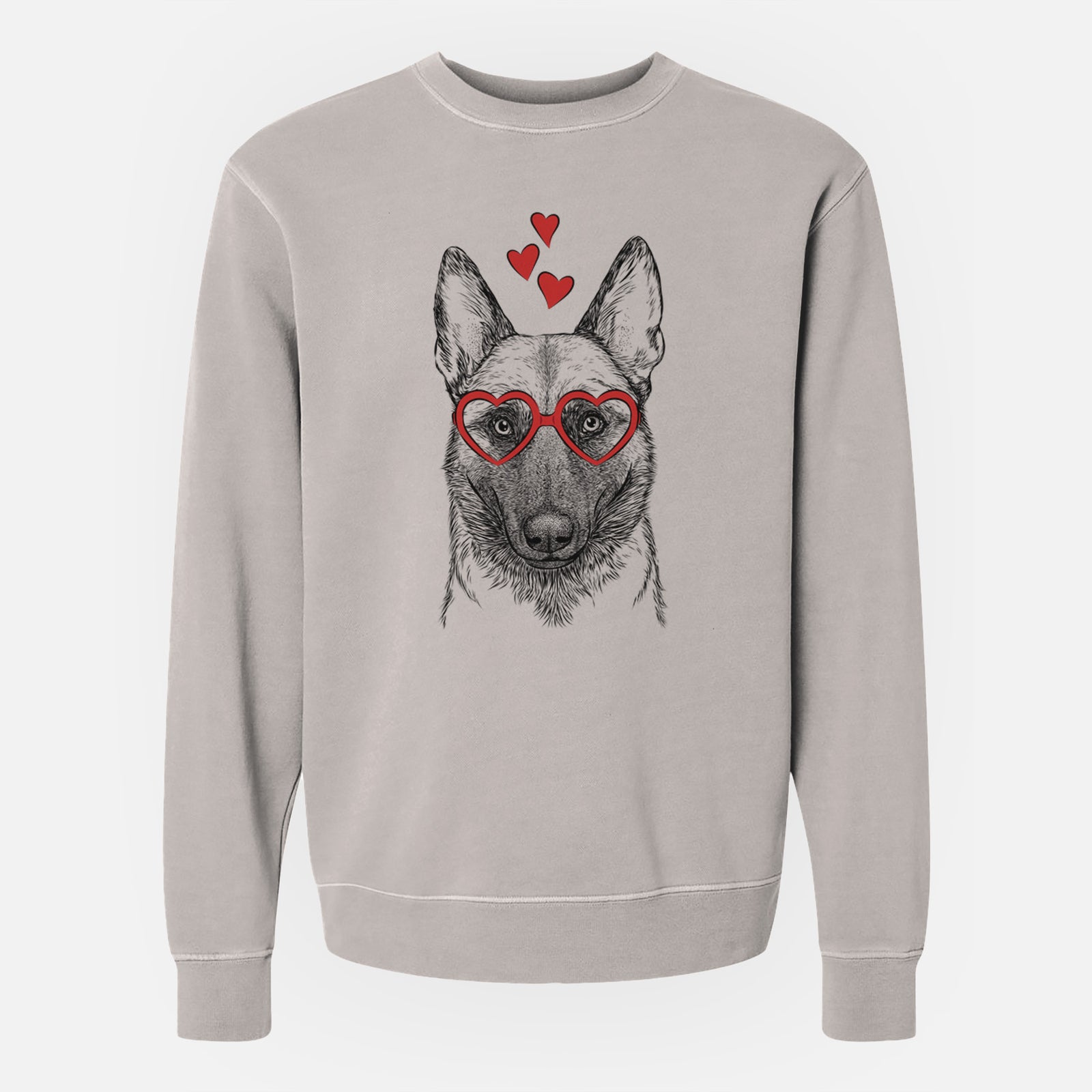 Hand-drawn sketch of Gunther the Belgian Malinois wearing heart-shaped glasses on a Cement Unisex pigment dyed crew sweatshirt