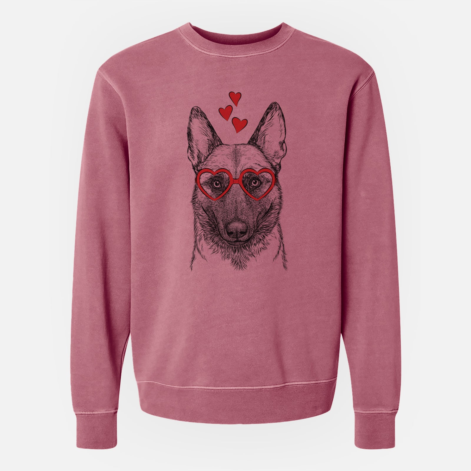 Hand-drawn sketch of Gunther the Belgian Malinois wearing heart-shaped glasses on a Maroon Unisex pigment dyed crew sweatshirt
