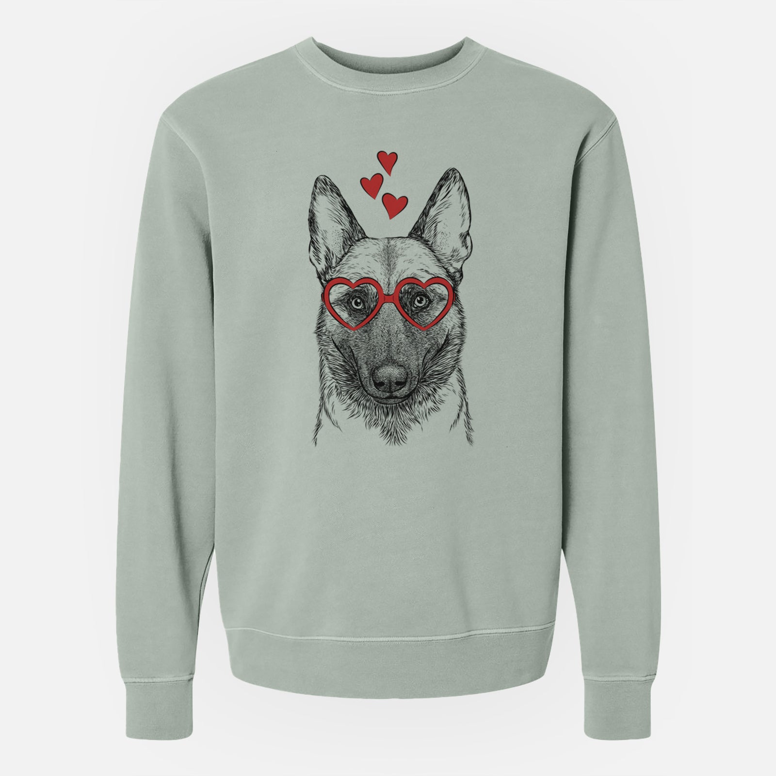 Hand-drawn sketch of Gunther the Belgian Malinois wearing heart-shaped glasses on a Sage Unisex pigment dyed crew sweatshirt