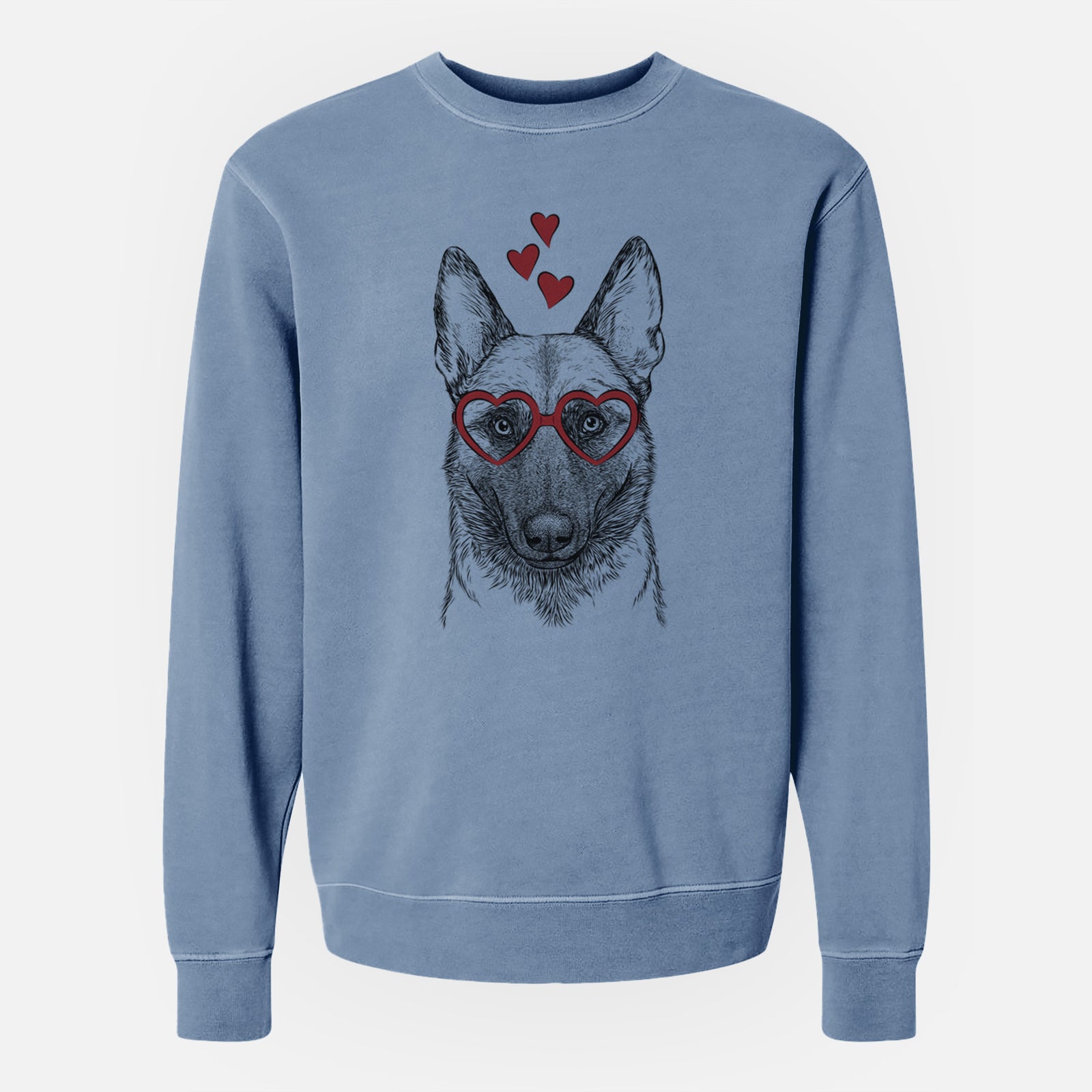 Hand-drawn sketch of Gunther the Belgian Malinois wearing heart-shaped glasses on a Slate Blue Unisex pigment dyed crew sweatshirt