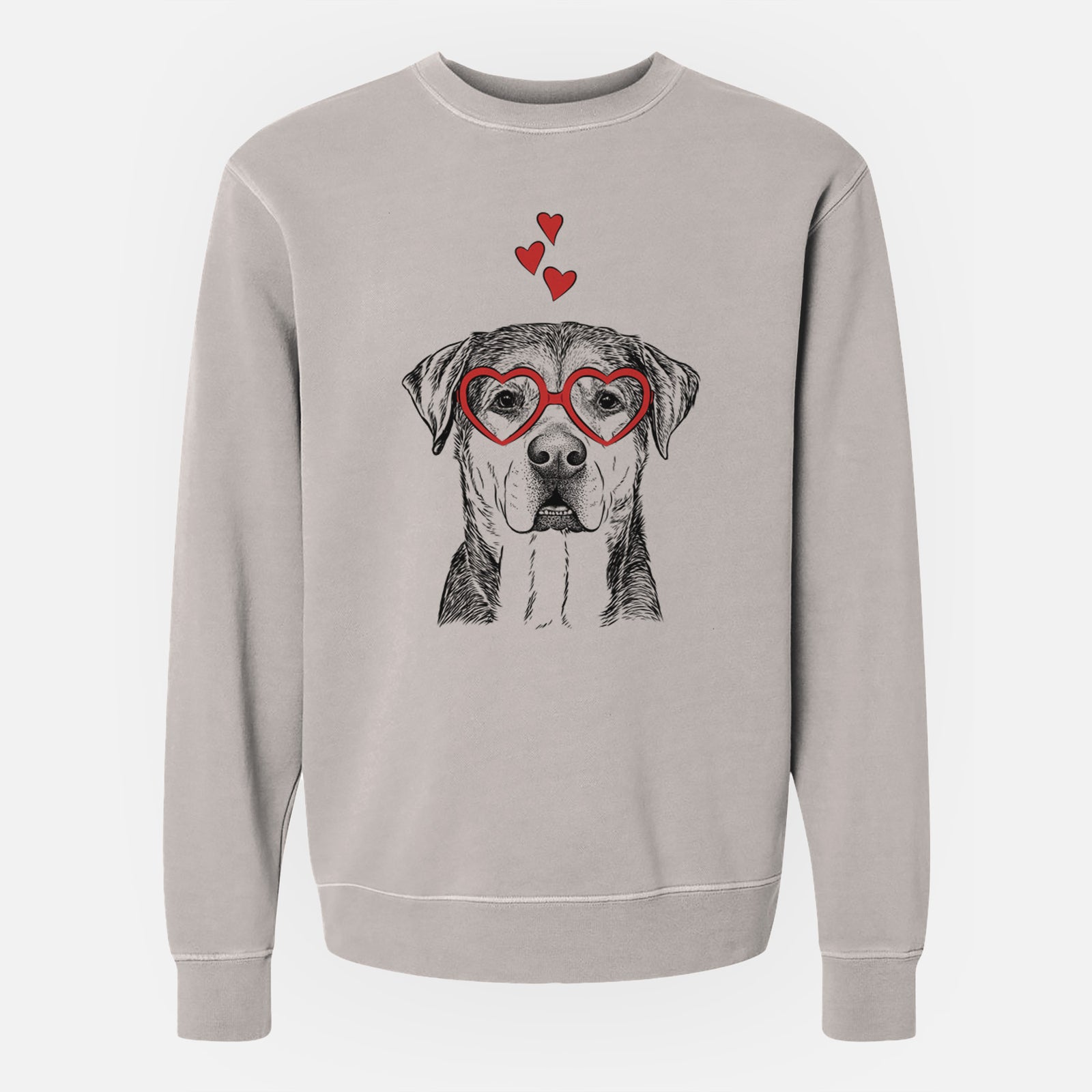 Hand-drawn sketch of Gus the Rottweiler Mix wearing heart-shaped glasses on a Cement Unisex pigment dyed crew sweatshirt