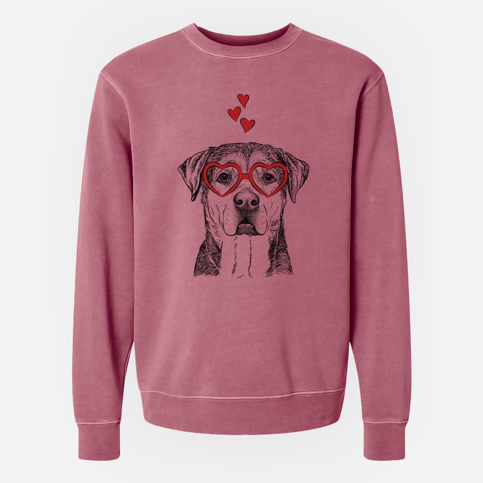 Hand-drawn sketch of Gus the Rottweiler Mix wearing heart-shaped glasses on a Maroon Unisex pigment dyed crew sweatshirt