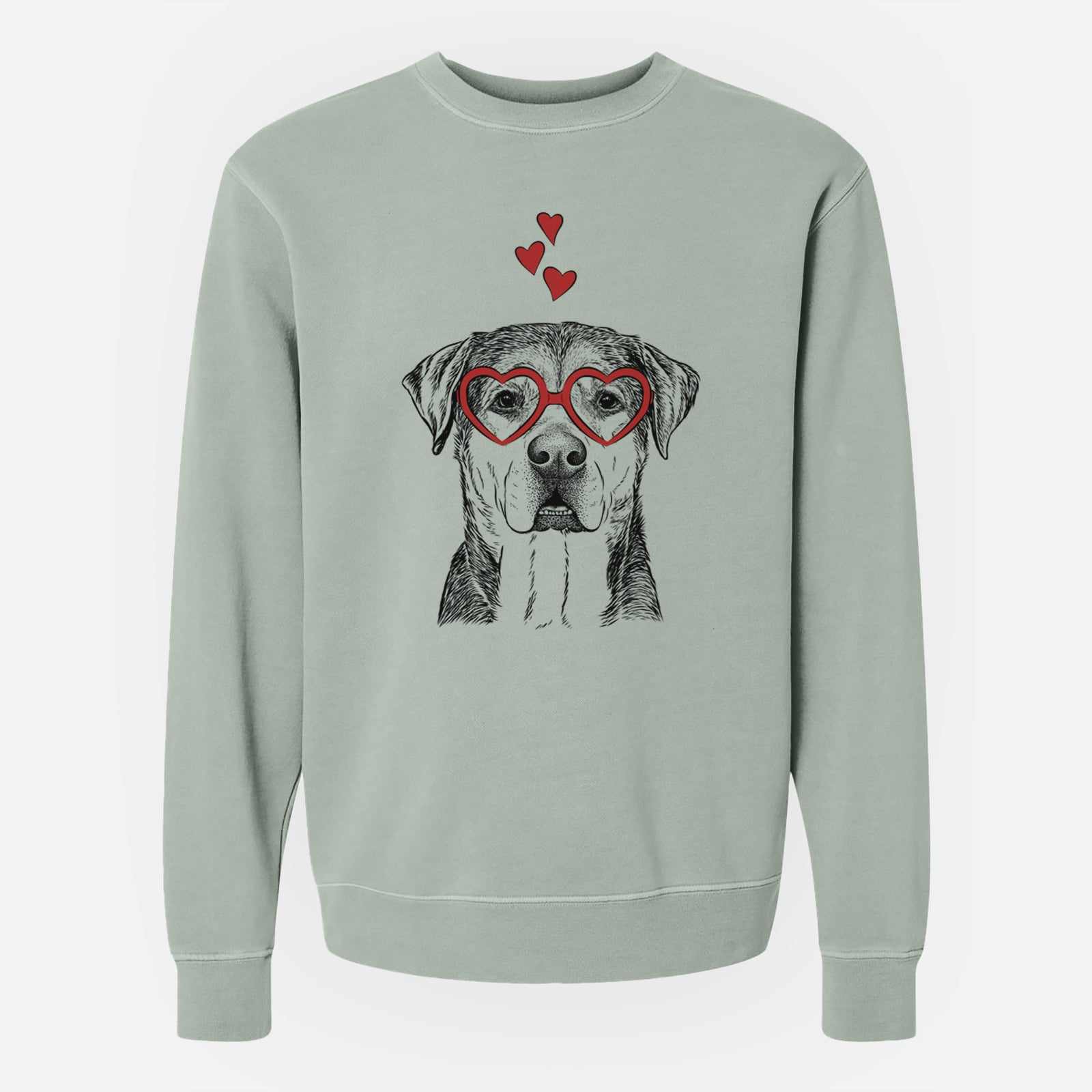 Hand-drawn sketch of Gus the Rottweiler Mix wearing heart-shaped glasses on a Sage Unisex pigment dyed crew sweatshirt