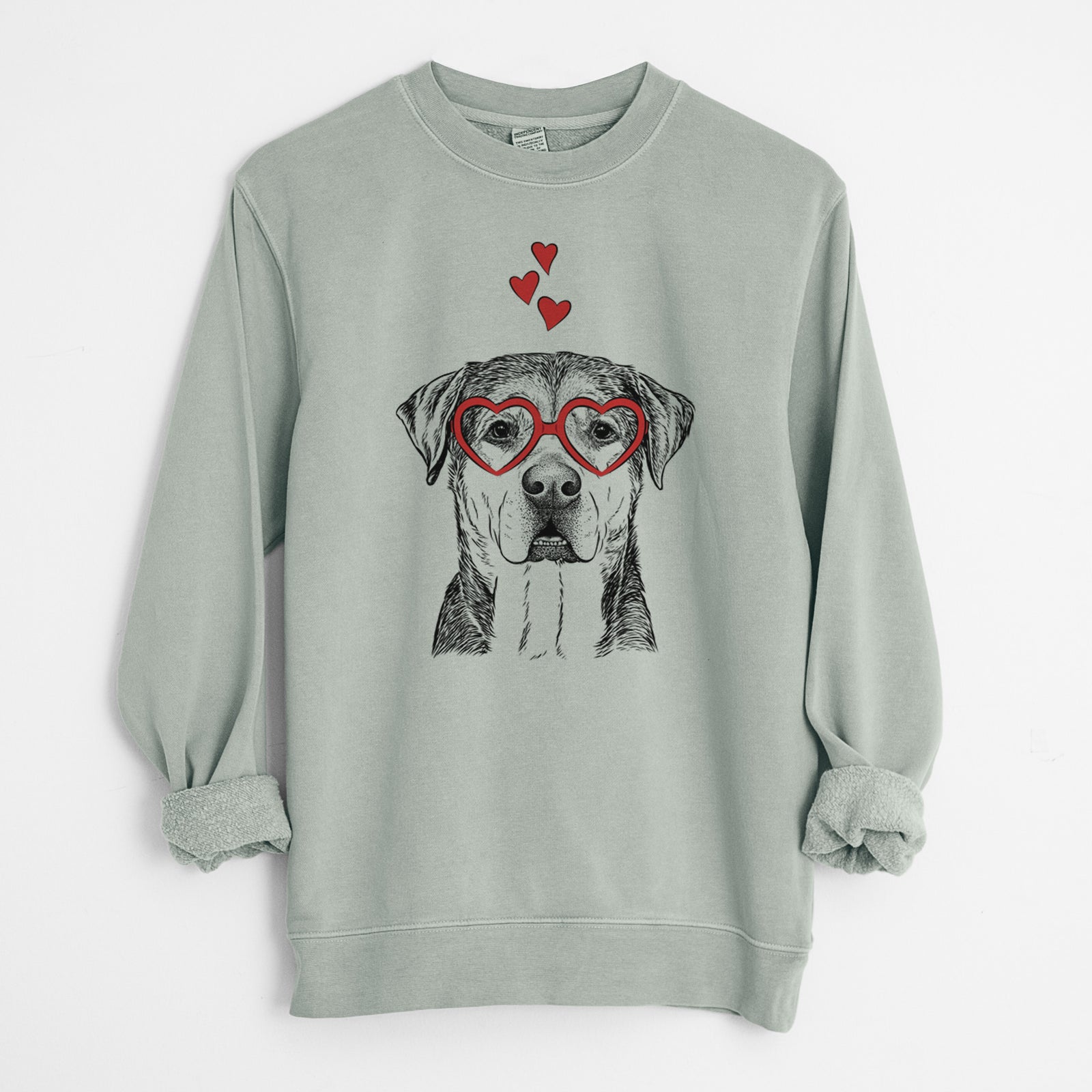 Hand-drawn sketch of Gus the Rottweiler Mix wearing heart-shaped glasses on a Sage Unisex pigment dyed crew sweatshirt