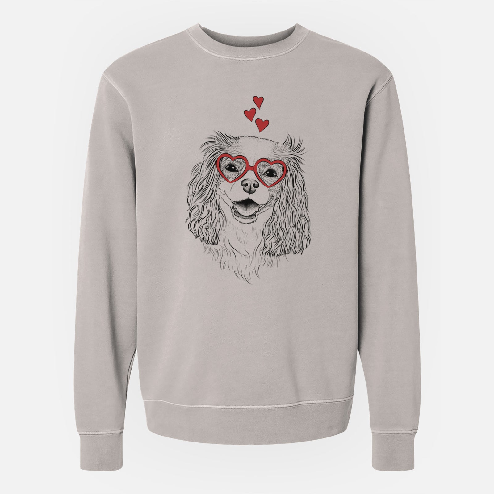 Hand-drawn sketch of Halley Comet the Cavalier King Charles Spaniel wearing heart-shaped glasses on a Cement Unisex pigment dyed crew sweatshirt