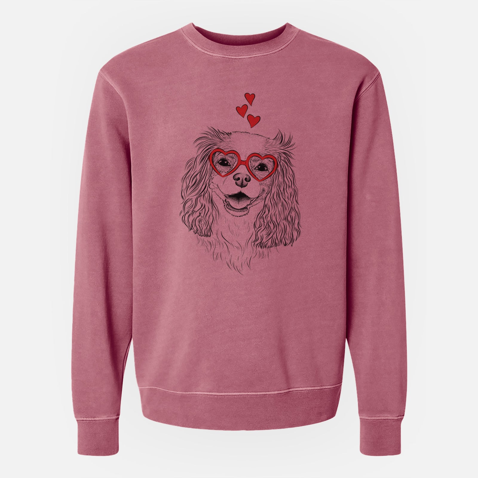 Hand-drawn sketch of Halley Comet the Cavalier King Charles Spaniel wearing heart-shaped glasses on a Maroon Unisex pigment dyed crew sweatshirt