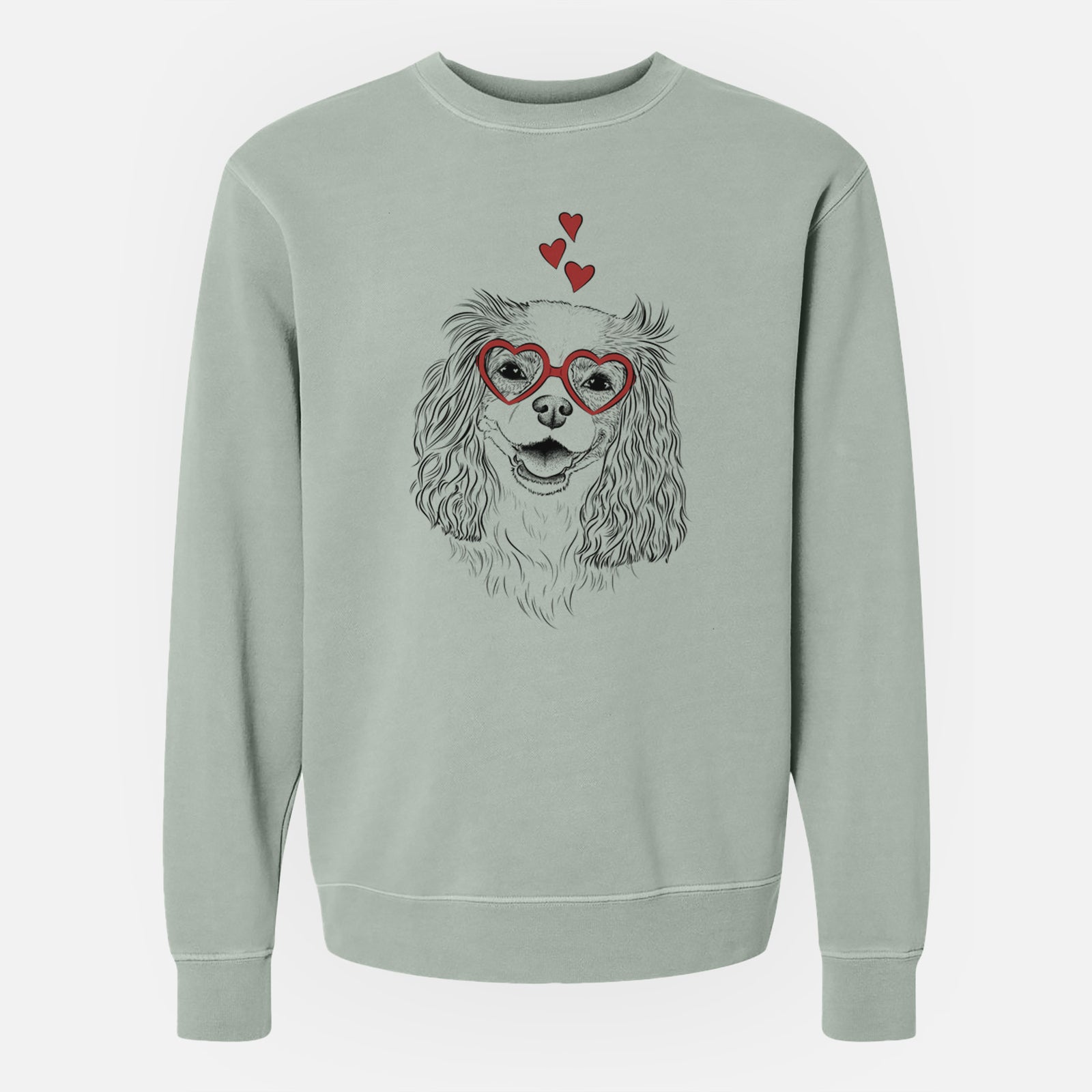Hand-drawn sketch of Halley Comet the Cavalier King Charles Spaniel wearing heart-shaped glasses on a Sage Unisex pigment dyed crew sweatshirt