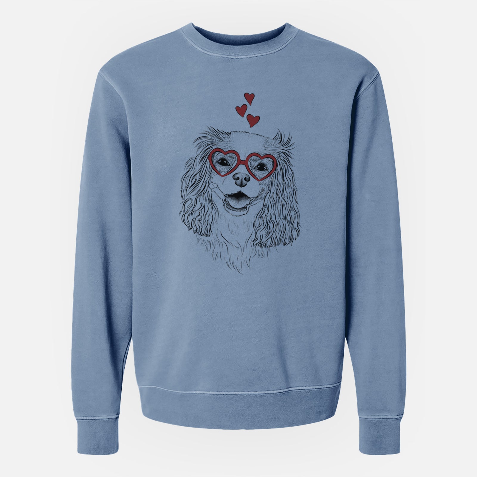 Hand-drawn sketch of Halley Comet the Cavalier King Charles Spaniel wearing heart-shaped glasses on a Slate Blue Unisex pigment dyed crew sweatshirt