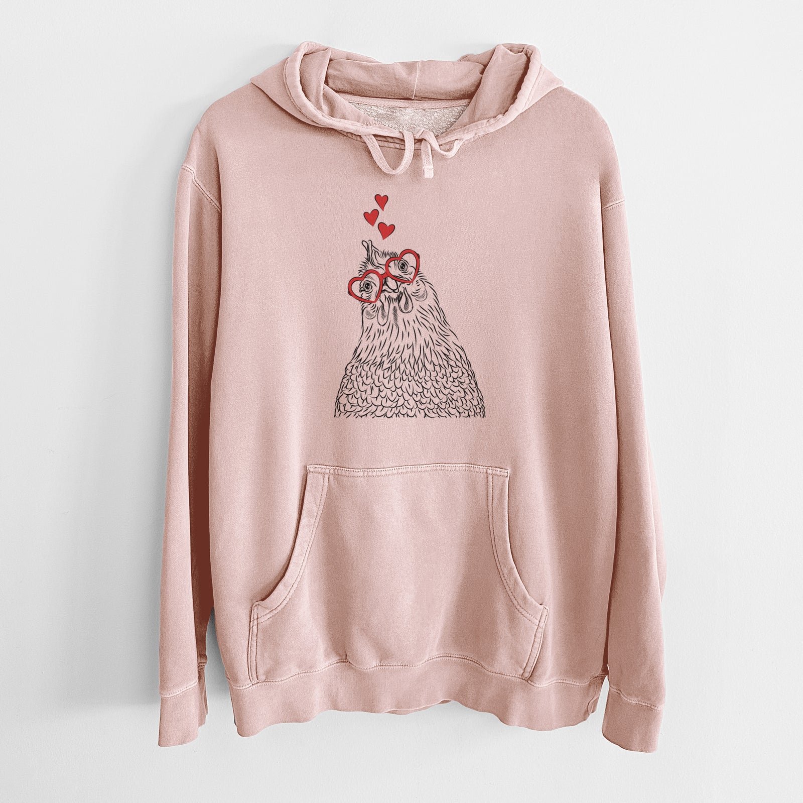 Hand-drawn sketch of Henrietta the Chicken wearing heart-shaped glasses on a Dusty Pink Unisex pigment dyed hoodie
