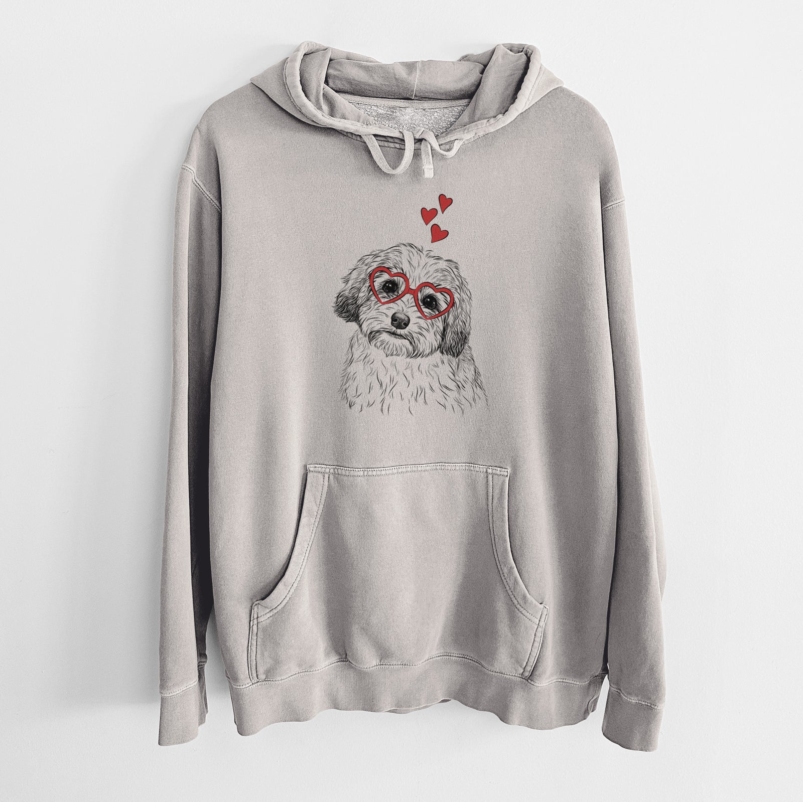 Hand-drawn sketch of Henry the Havanese wearing heart-shaped glasses on a Cement Unisex pigment dyed hoodie