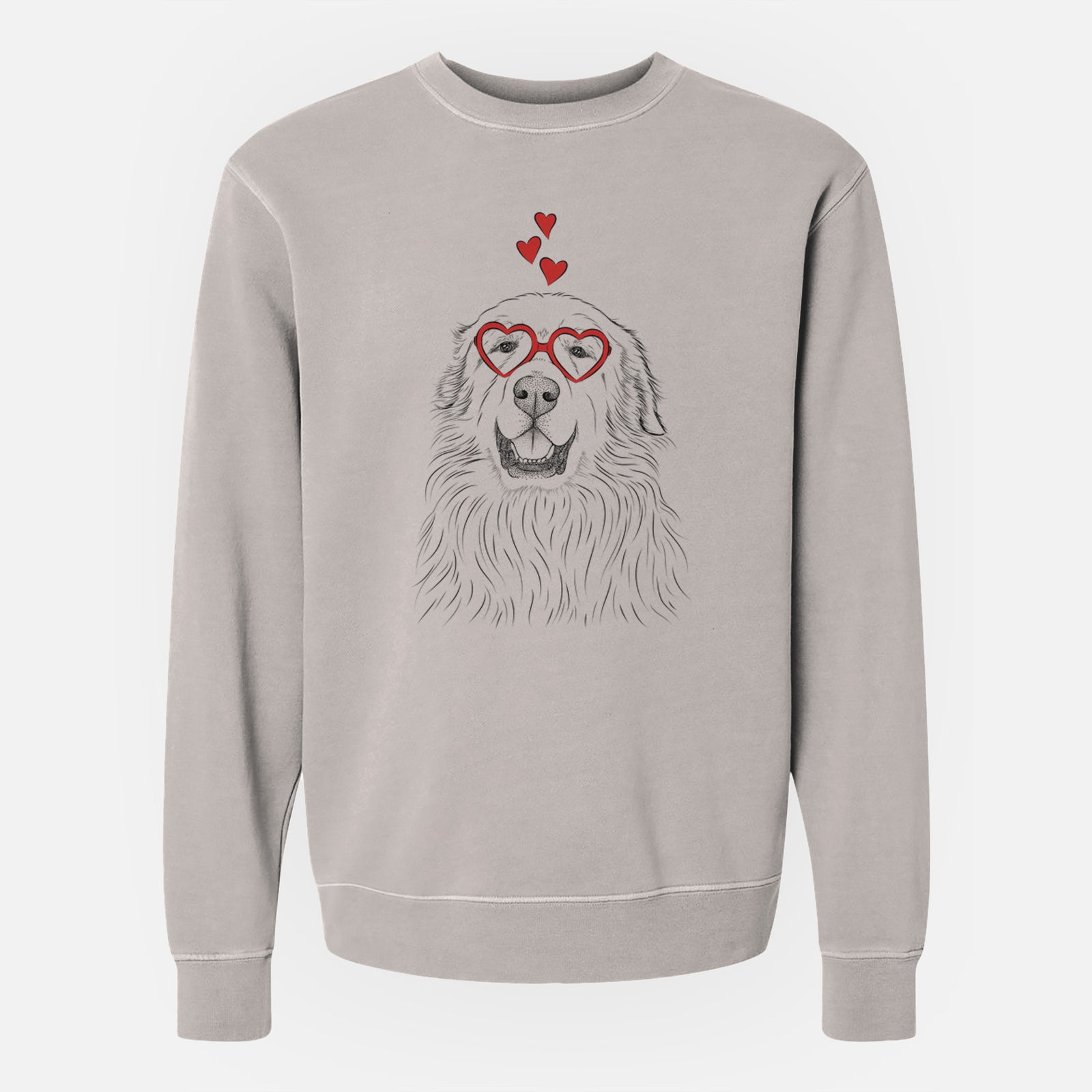 Hand-drawn sketch of Horton the Great Pyrenees wearing heart-shaped glasses on a Cement Unisex pigment dyed crew sweatshirt